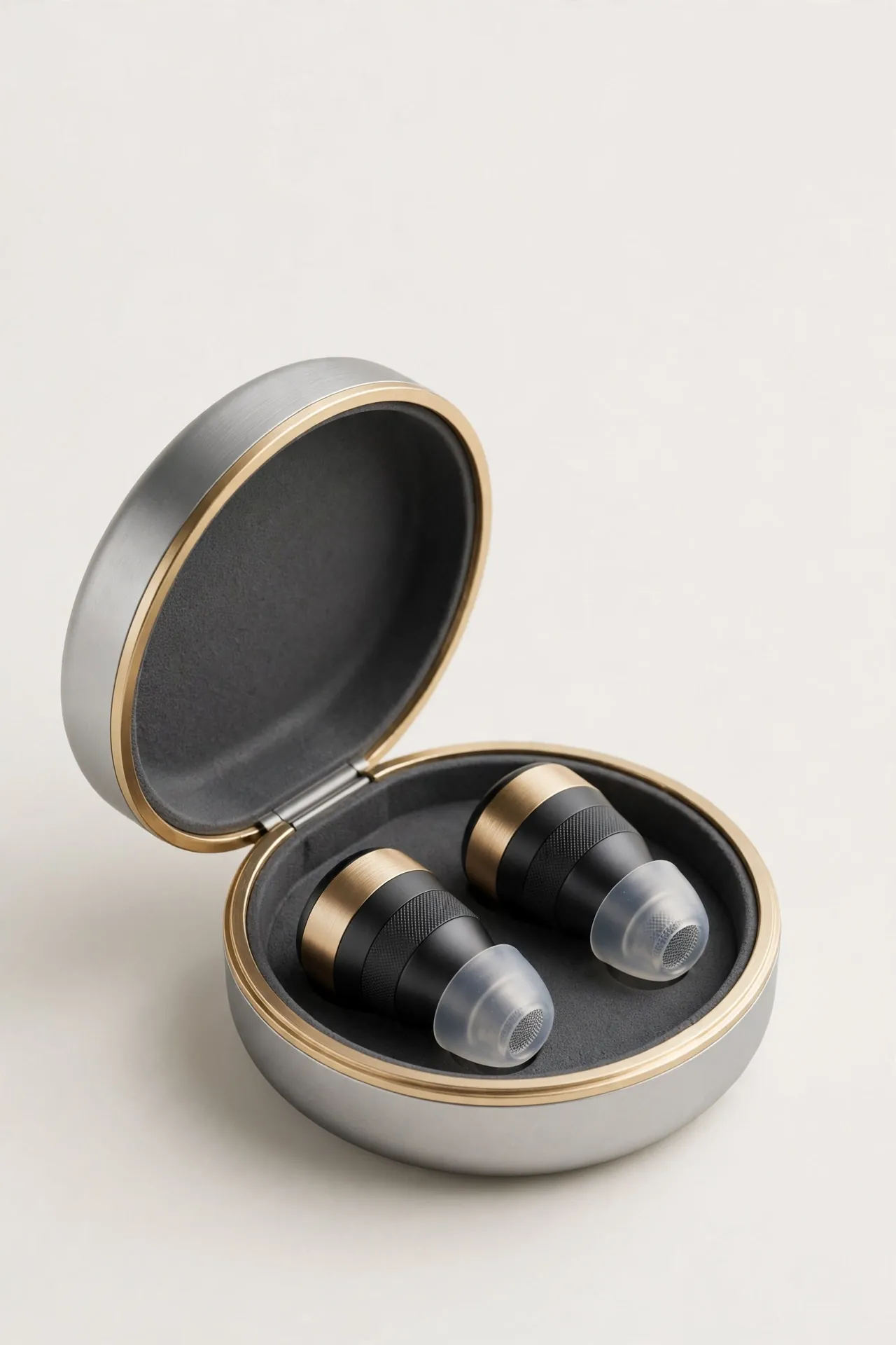 Stylish noise-filtering earplugs with round carry case