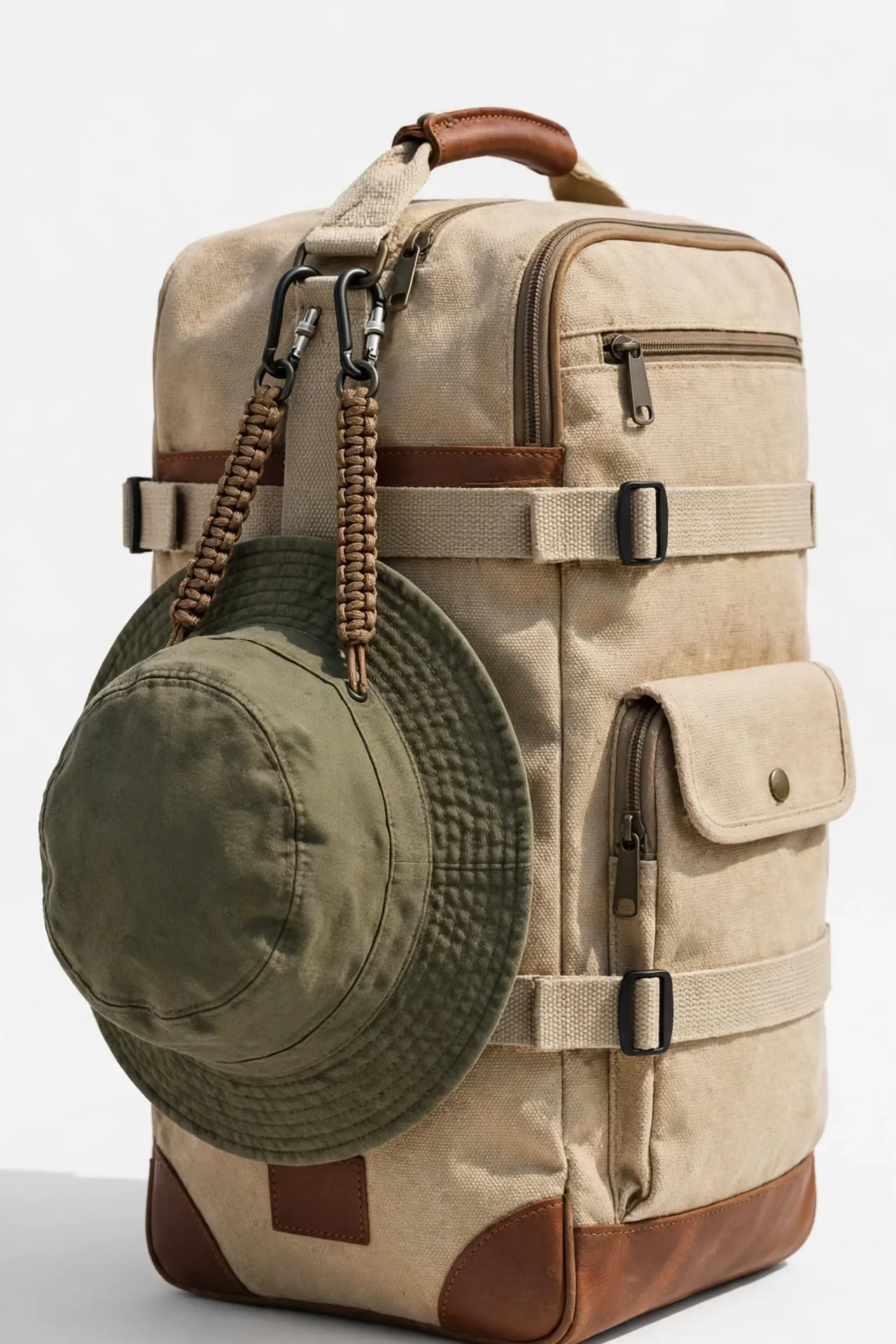 Hat clipped to a travel bag with braided clips