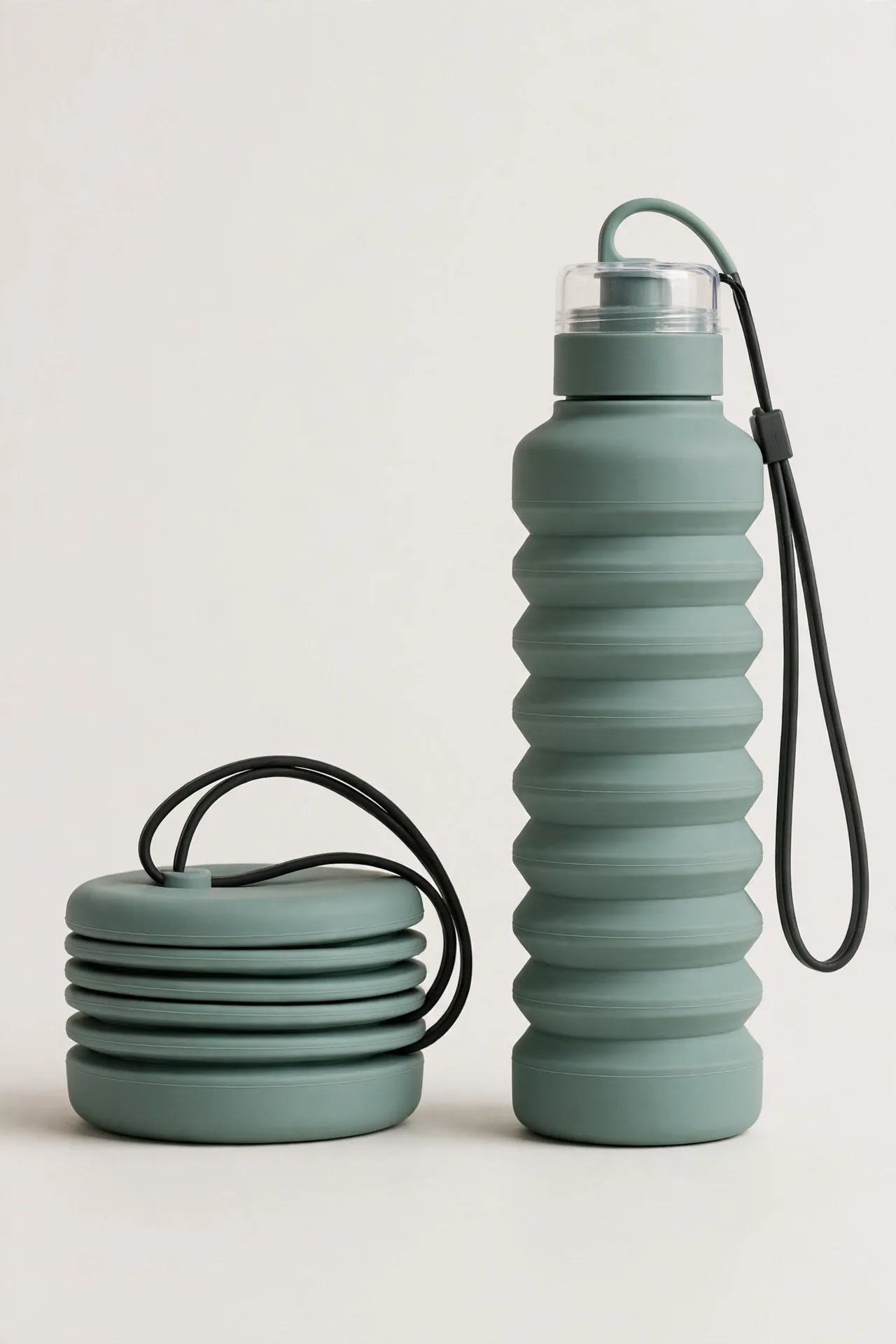 Collapsible silicone water bottle with strap