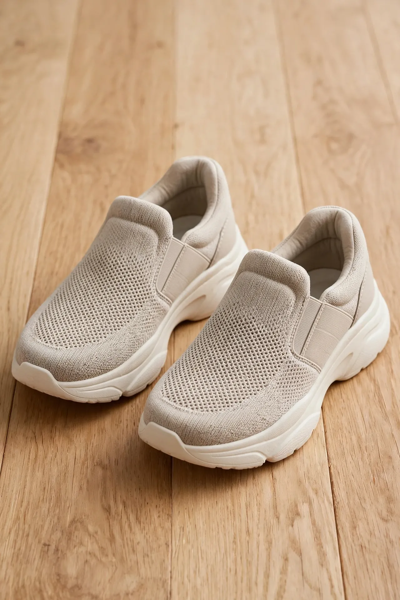 Cushioned slip-on sneakers on a wooden floor
