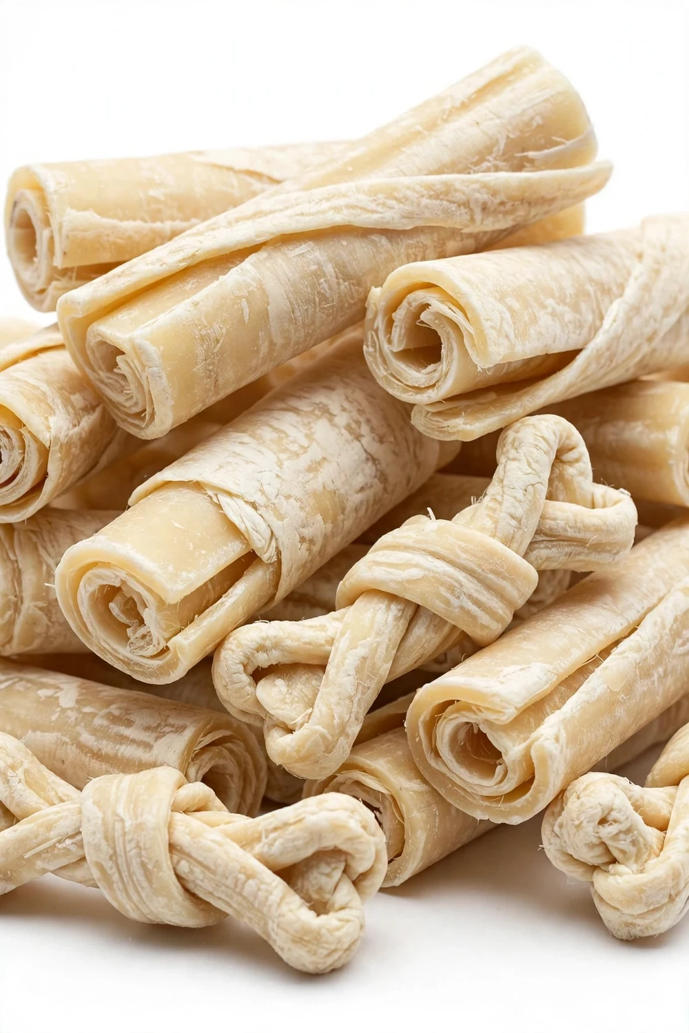 A pile of pale rawhide chew rolls and knots