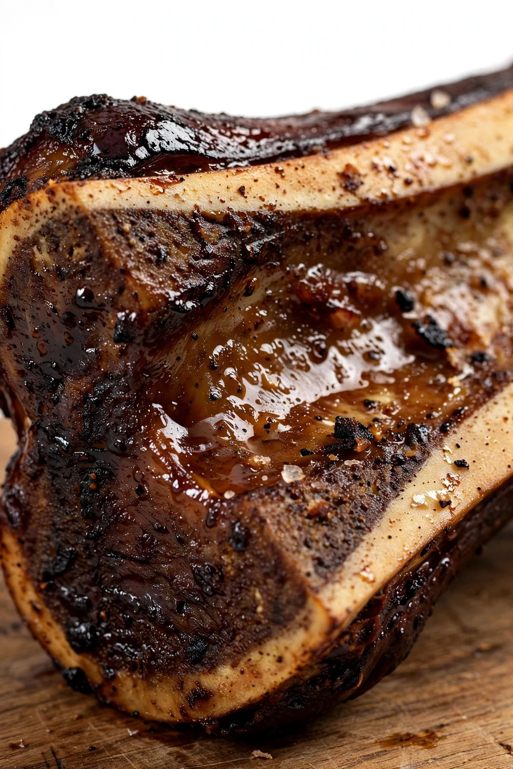 A large smoked marrow bone on a wooden board