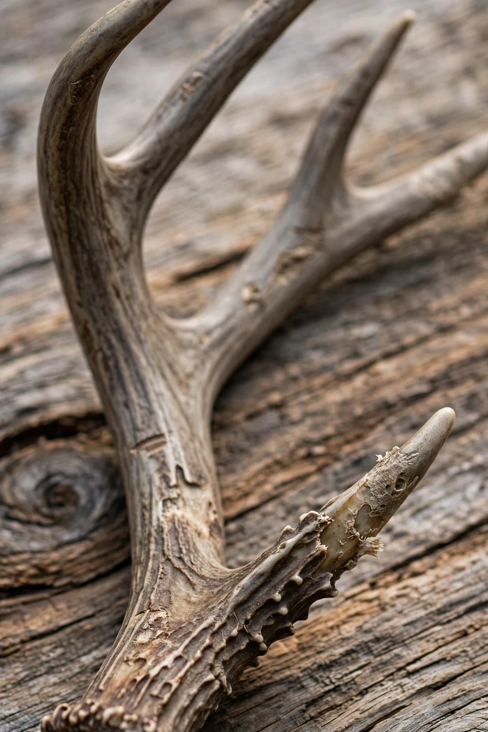 A naturally shed deer antler on a rustic background