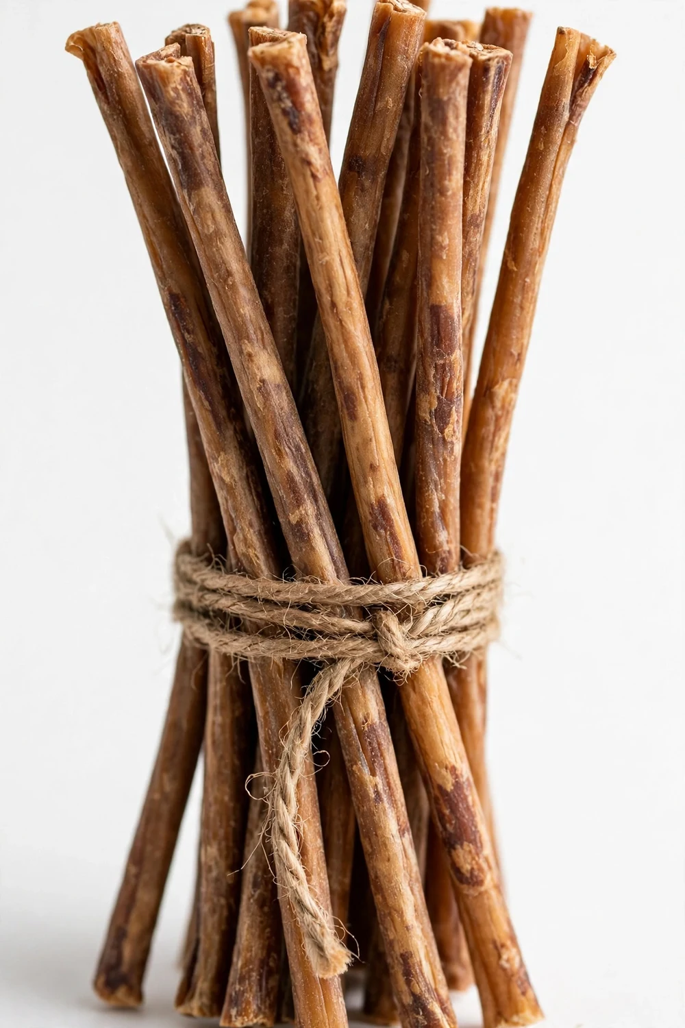 A bundle of dried bully sticks tied with twine