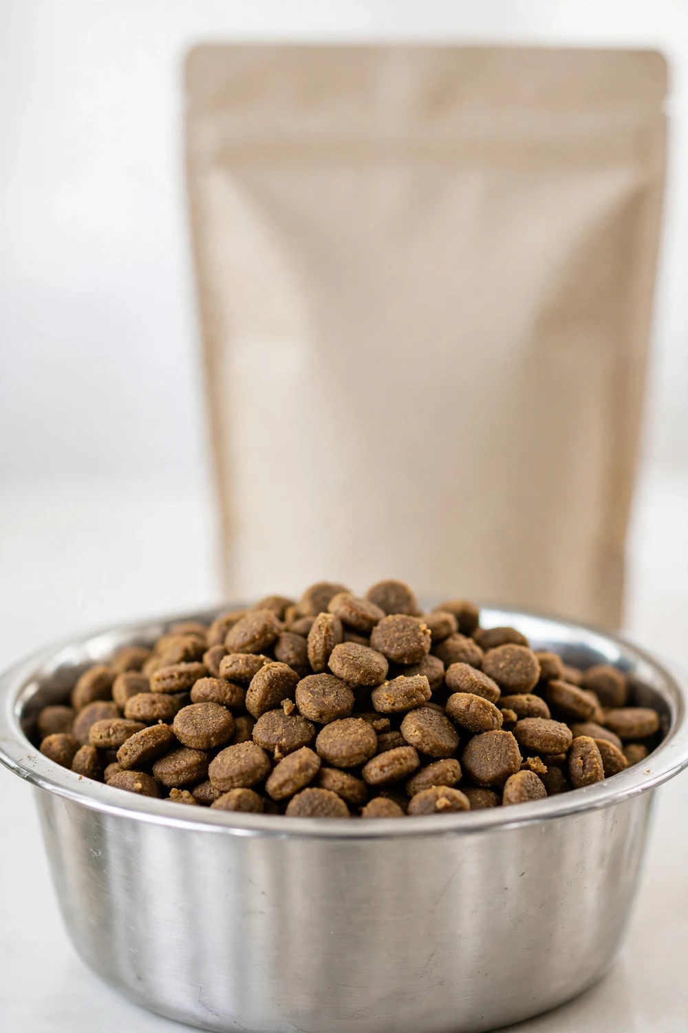 Dry dog kibble in a bowl beside its packaging