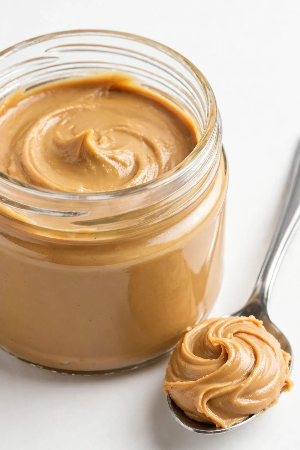 An open jar of peanut butter with a spoon