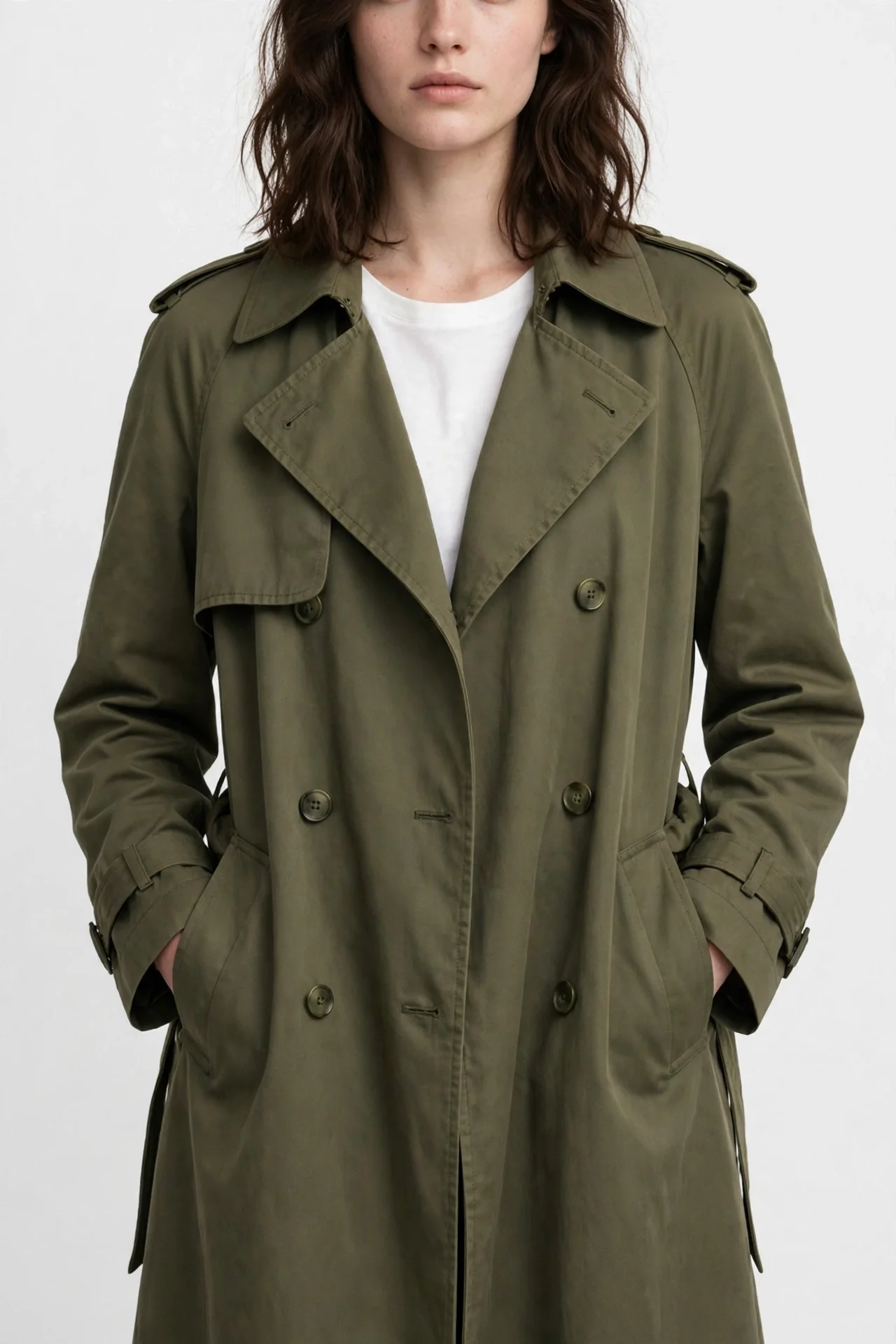 Long olive-green trench coat worn over white clothing, hands in pockets