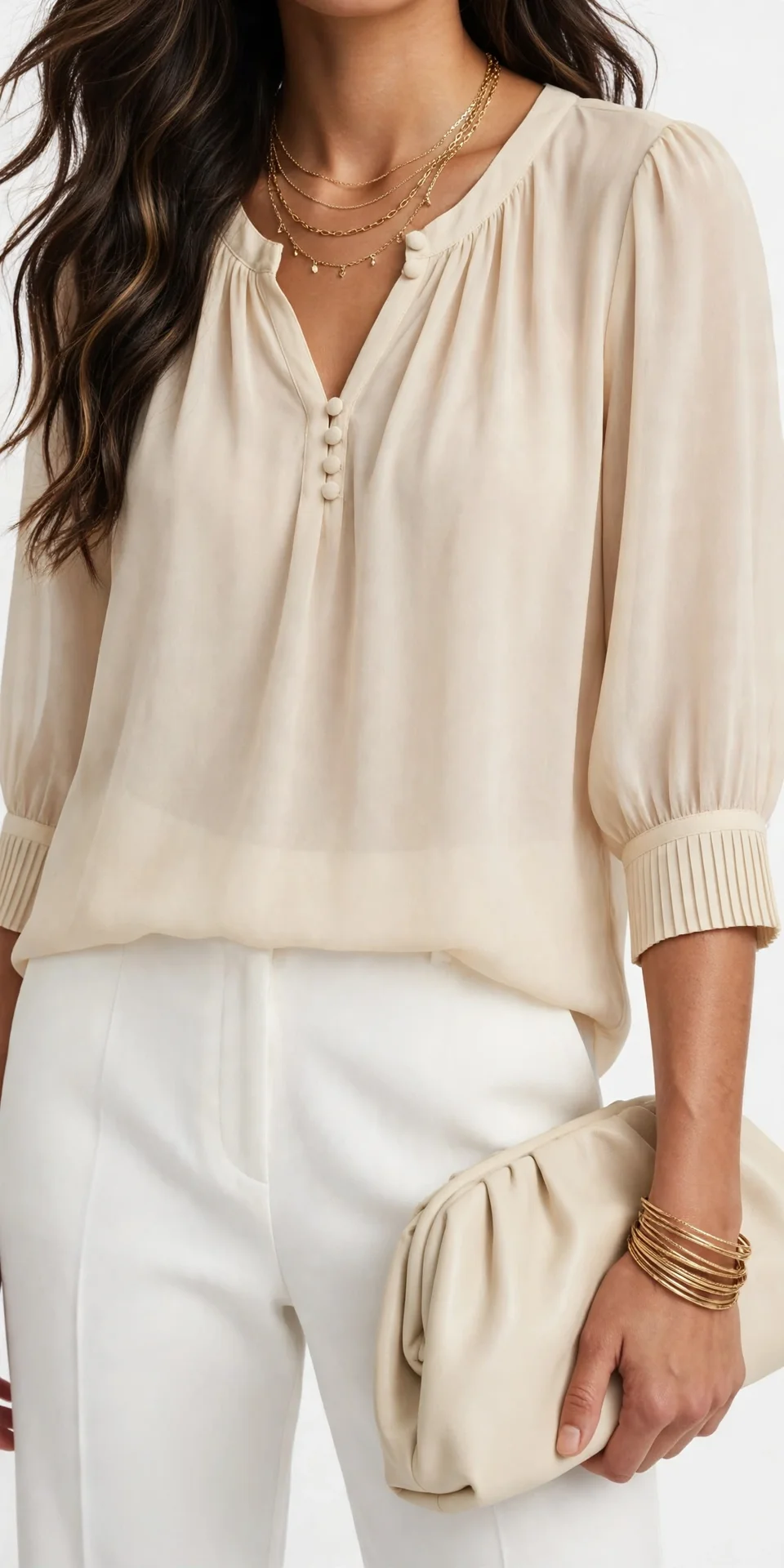 Model with long dark wavy hair wearing a beige cream chiffon blouse with gathered V-neckline, small covered buttons, and three-quarter puff sleeves with pleated cuffs, with white trousers and gold necklaces