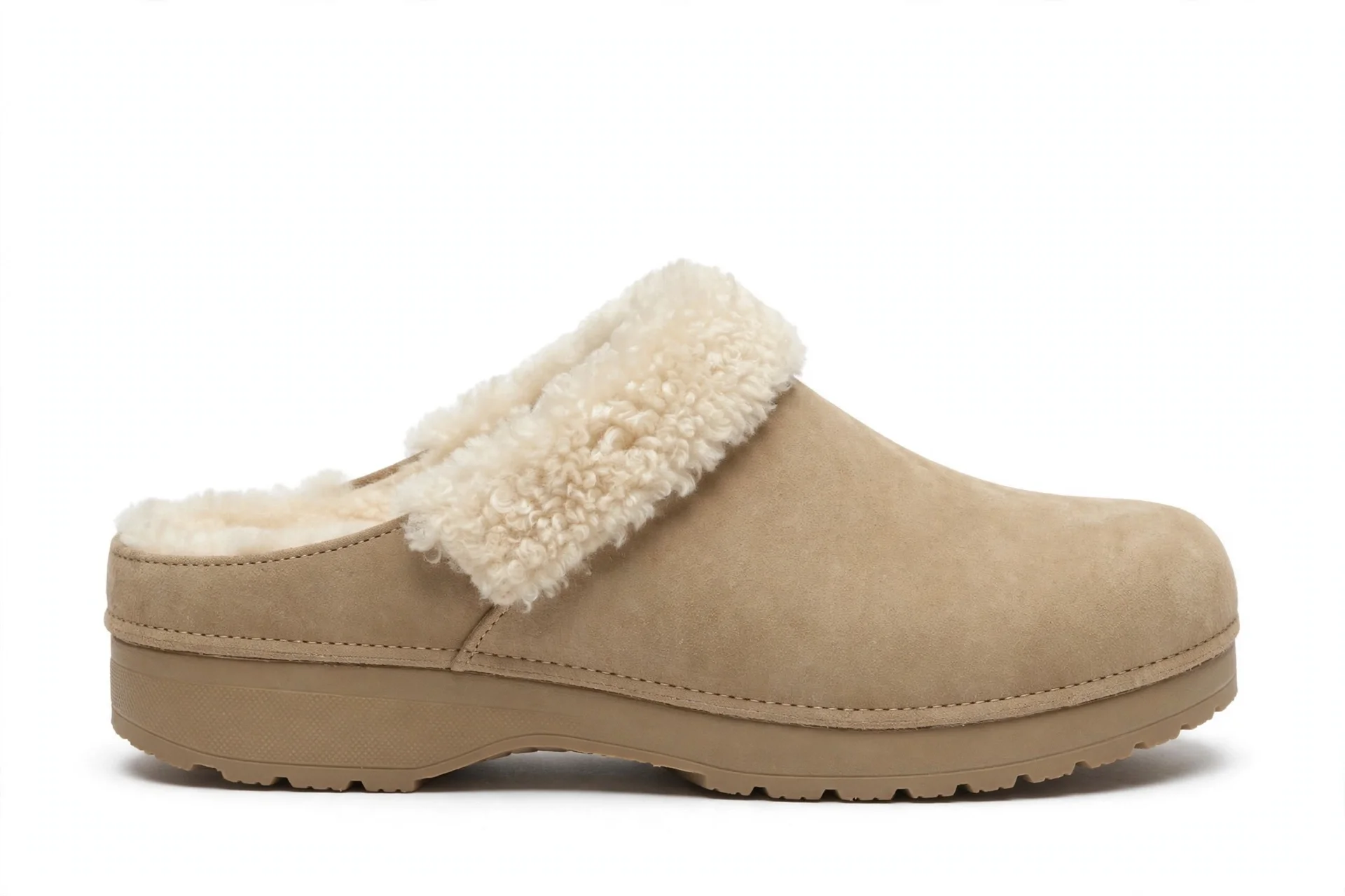 Single tan suede clog in side view with cream shearling lining