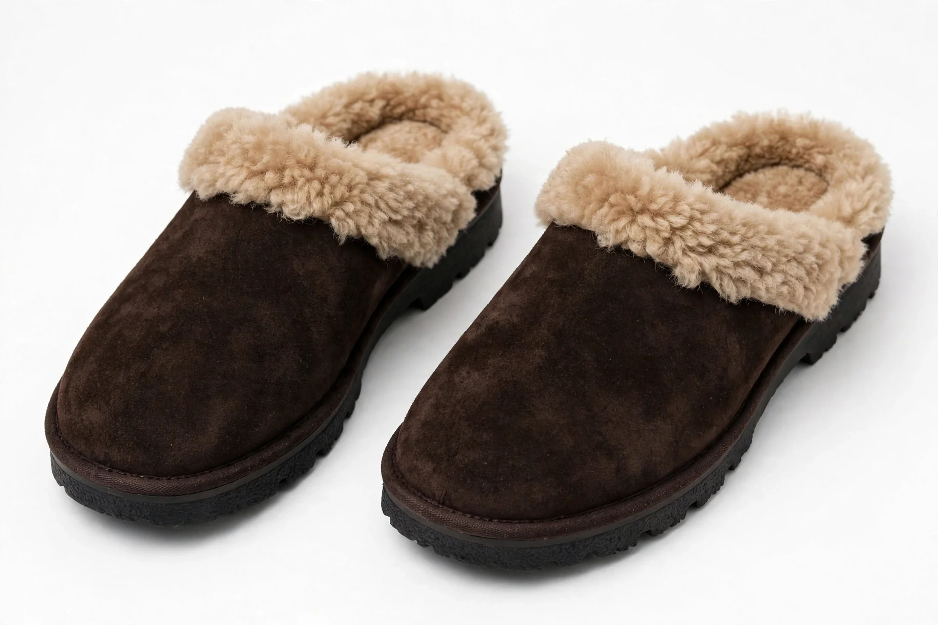 Pair of dark brown suede mules slippers with light tan beige shearling fur trim around the heel opening and dark soles