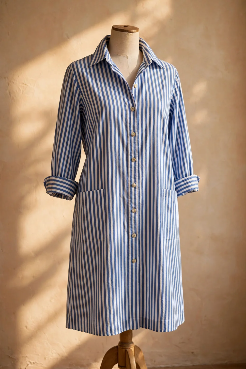 A striped cotton button-down shirtdress in warm travel light