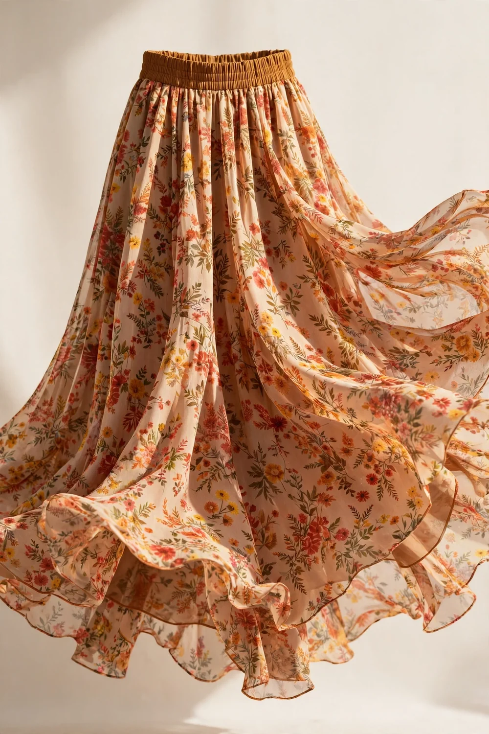 A flowing bohemian chiffon maxi skirt with an elastic waist