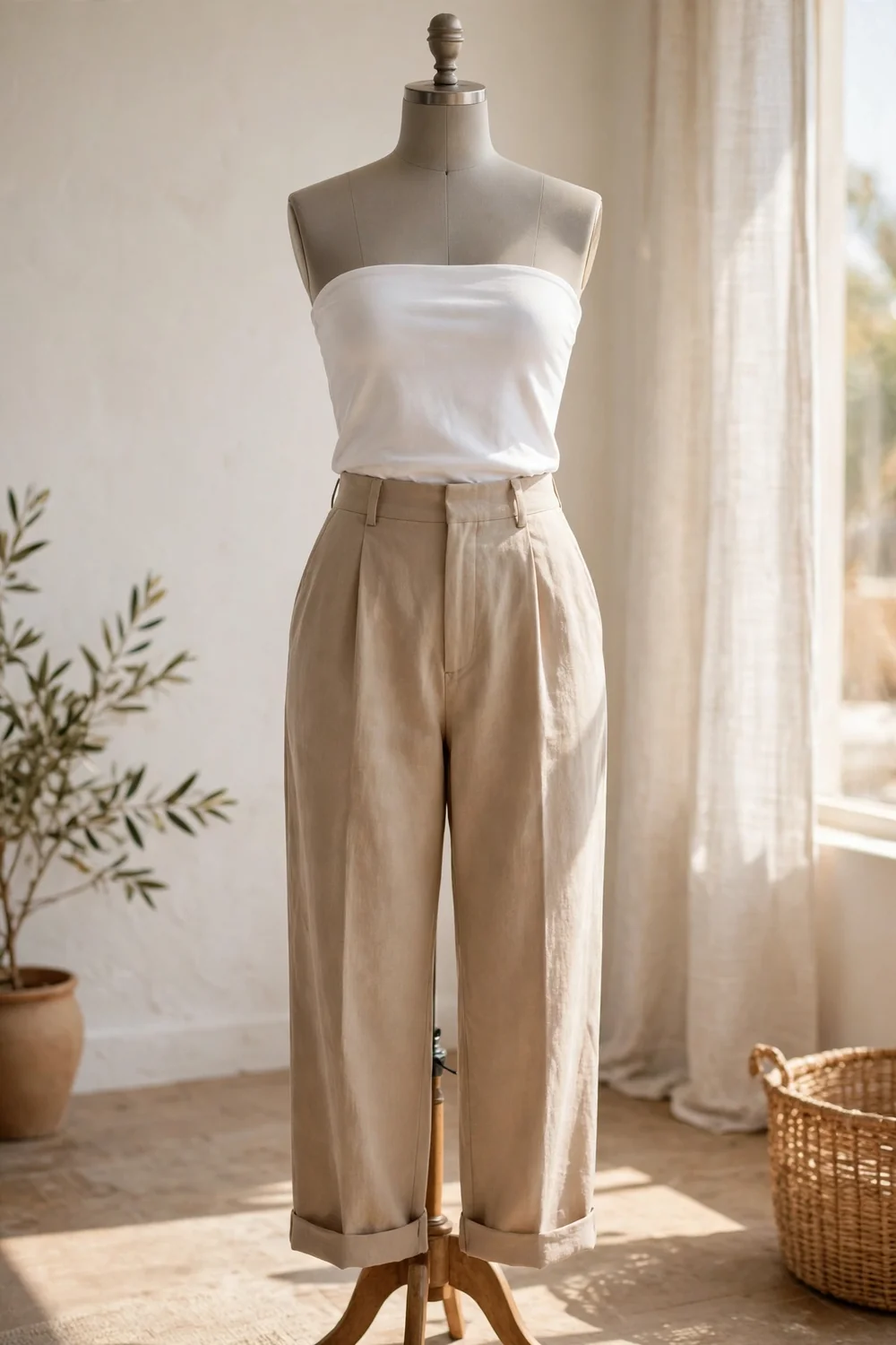 A plain white tube top styled with high-waisted holiday trousers