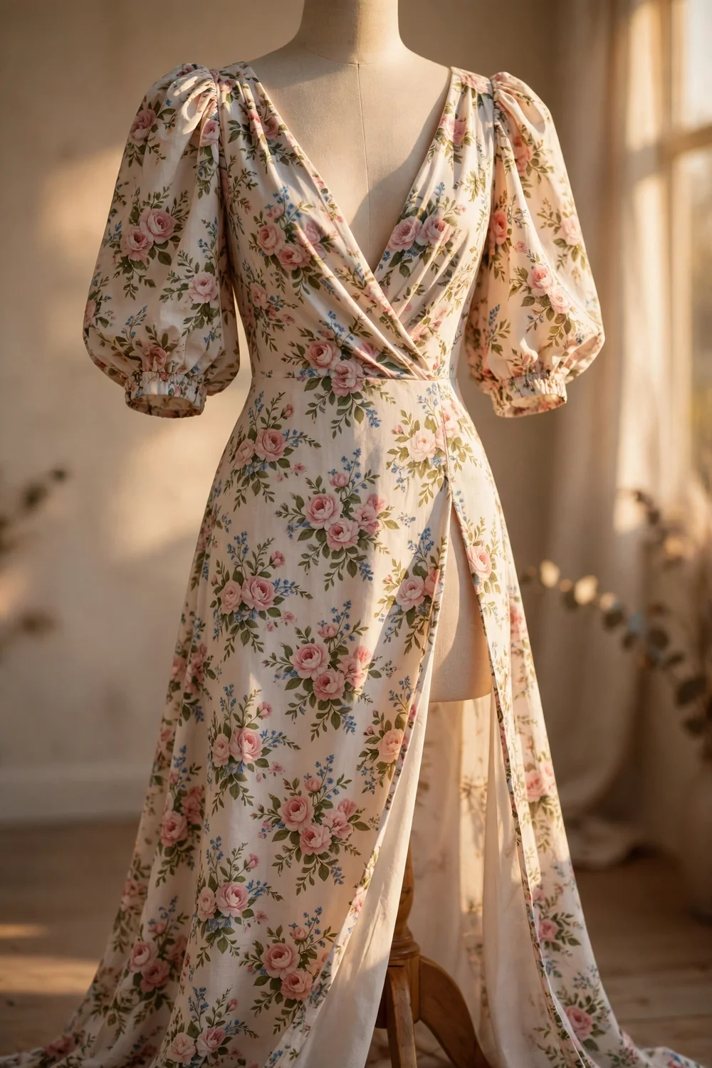 A floral puff-sleeve maxi dress with a high split in golden light