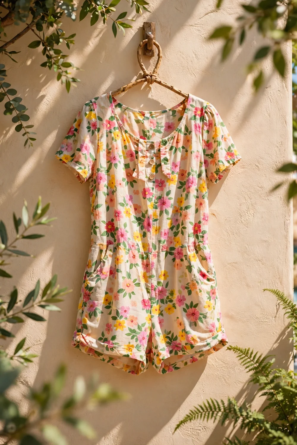 A floral summer romper in a sunny resort setting