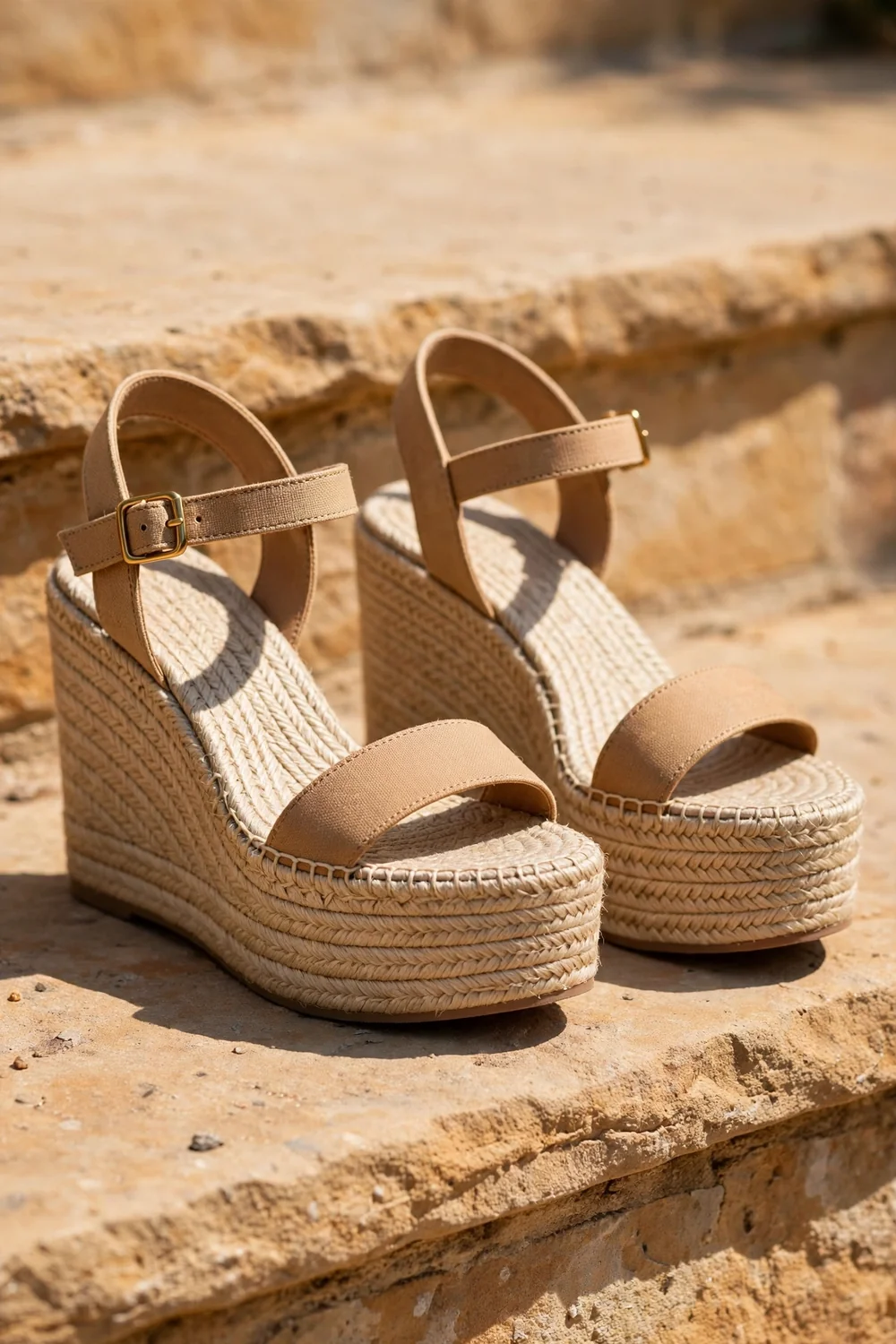 Espadrille-style platform wedge sandals on a warm stone step