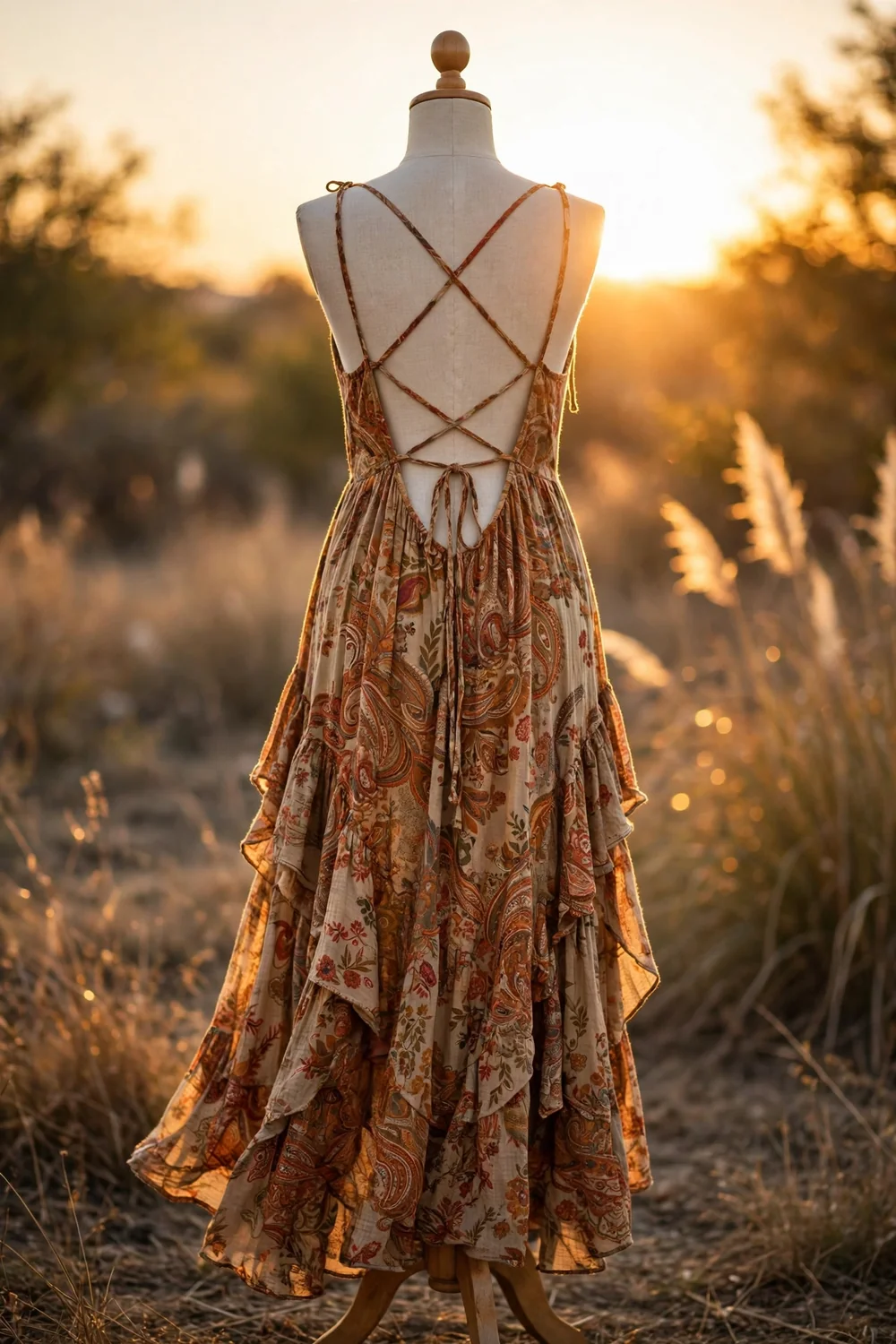 An open-back boho maxi dress seen from behind at sunset