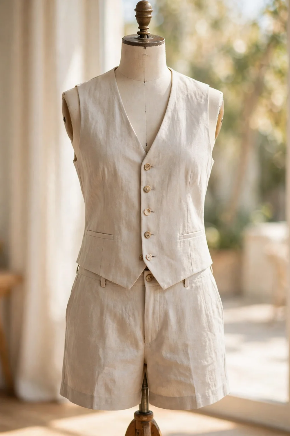 A sleeveless vest-style top and shorts two-piece summer set