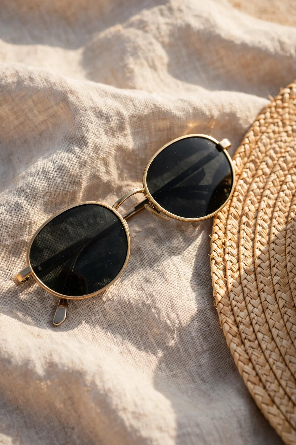 Oval sunglasses resting on linen beside a straw hat