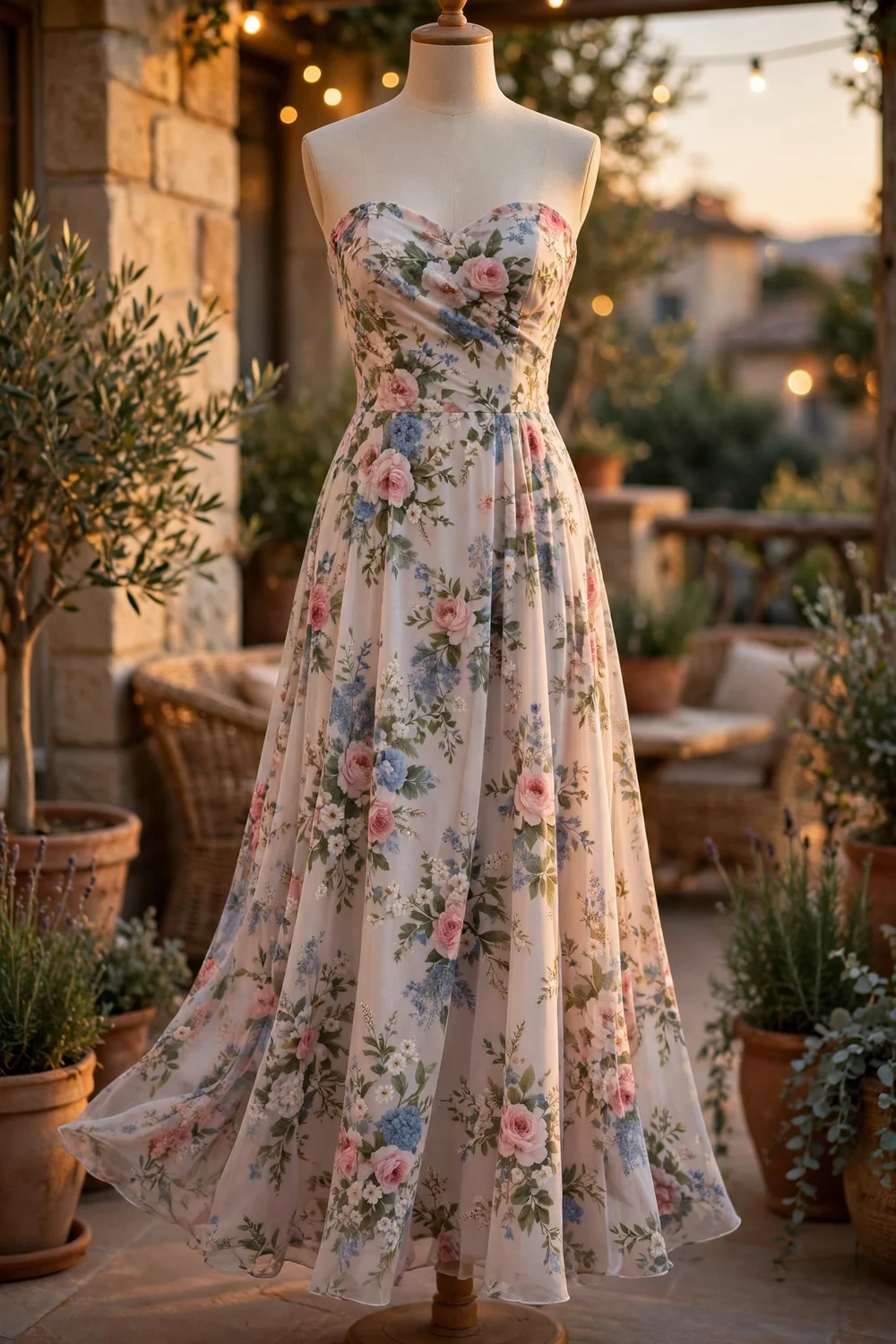 A strapless floral maxi dress in a warm evening setting