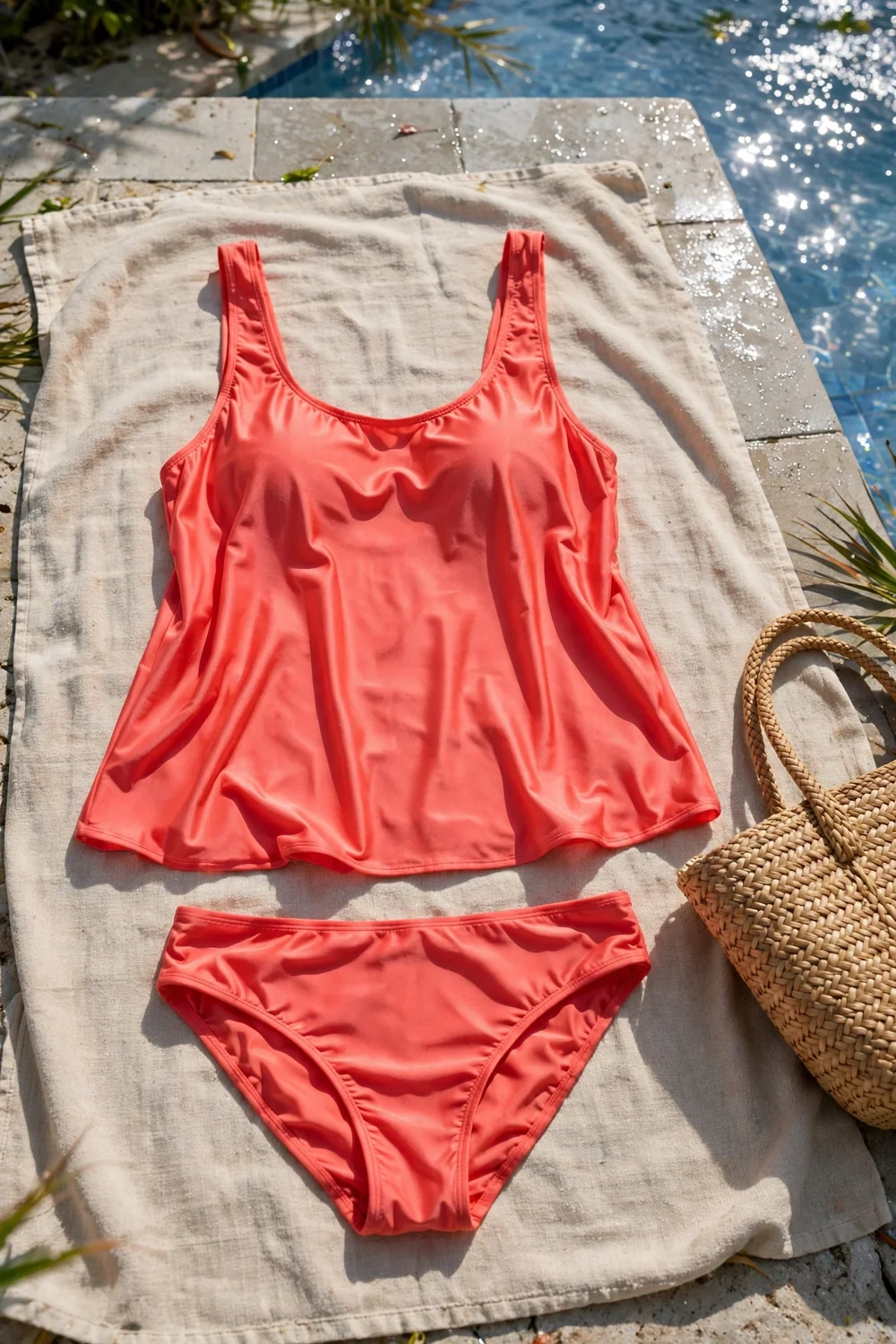 A flowy tankini two-piece swimsuit beside a resort pool