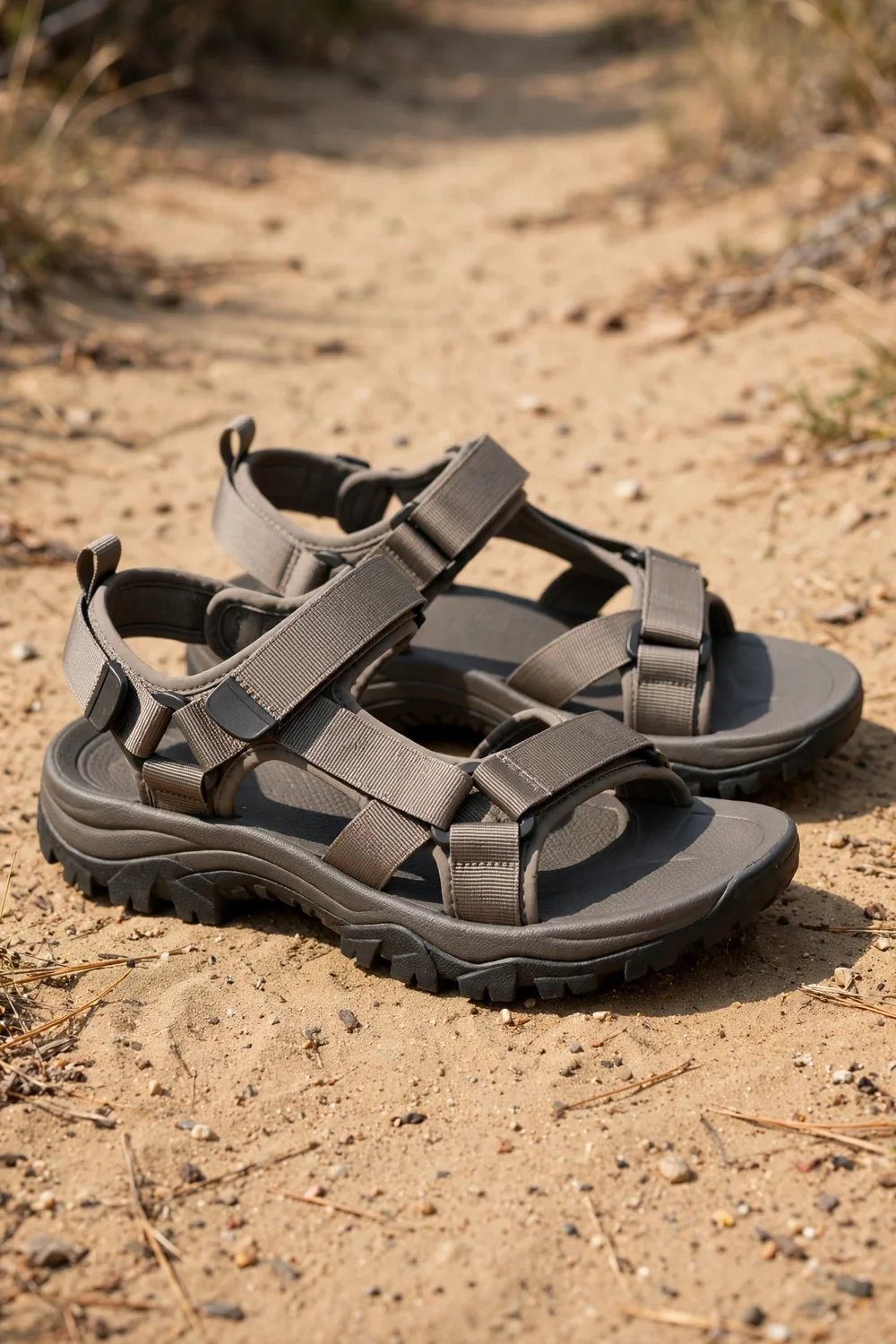 Sturdy women's sport sandals with webbing straps on a trail