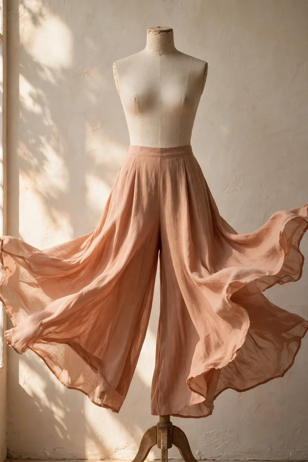 Flowy wide-leg palazzo pants in warm sunlight