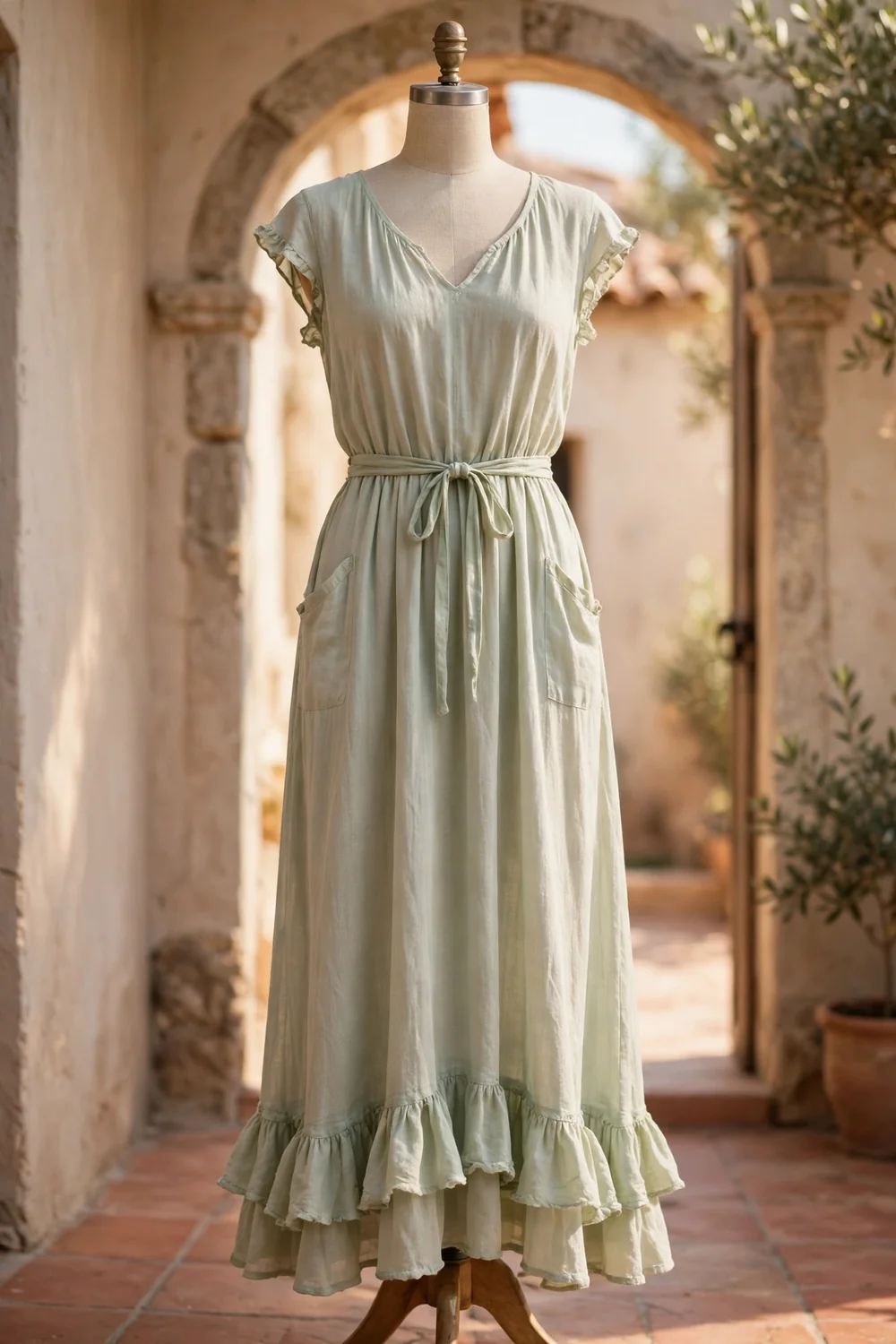 A tie-waist maxi dress with a ruffle hem and pockets