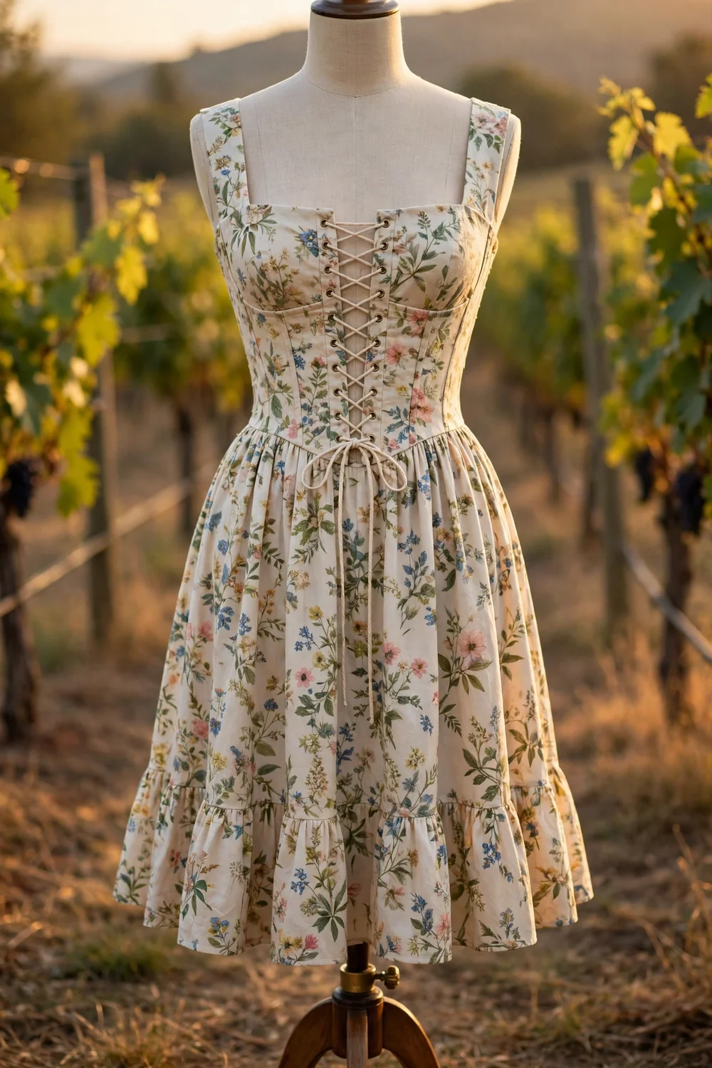 A floral corset-style sundress with a square neckline