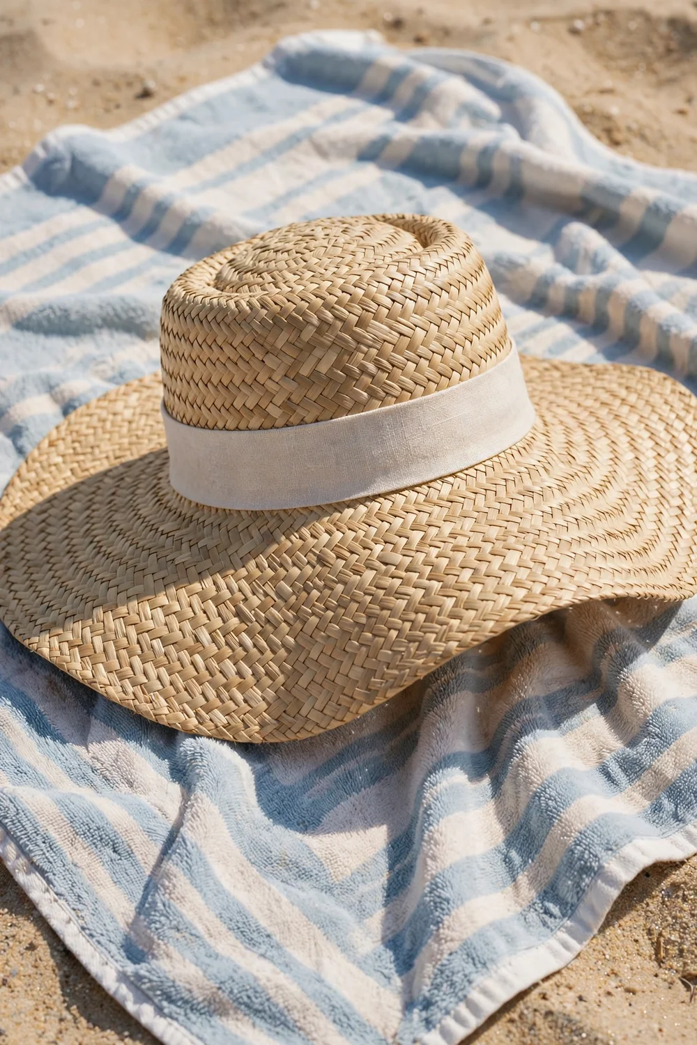 A floppy wide-brim straw sun hat in bright sunshine