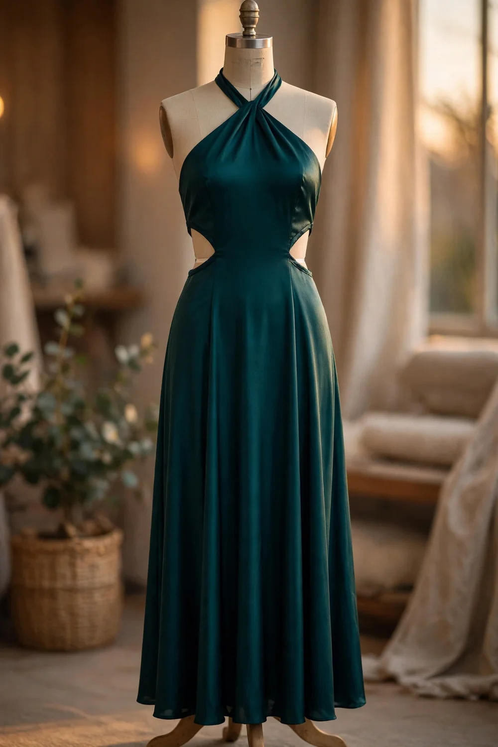 A halter maxi dress with cutout details in evening light