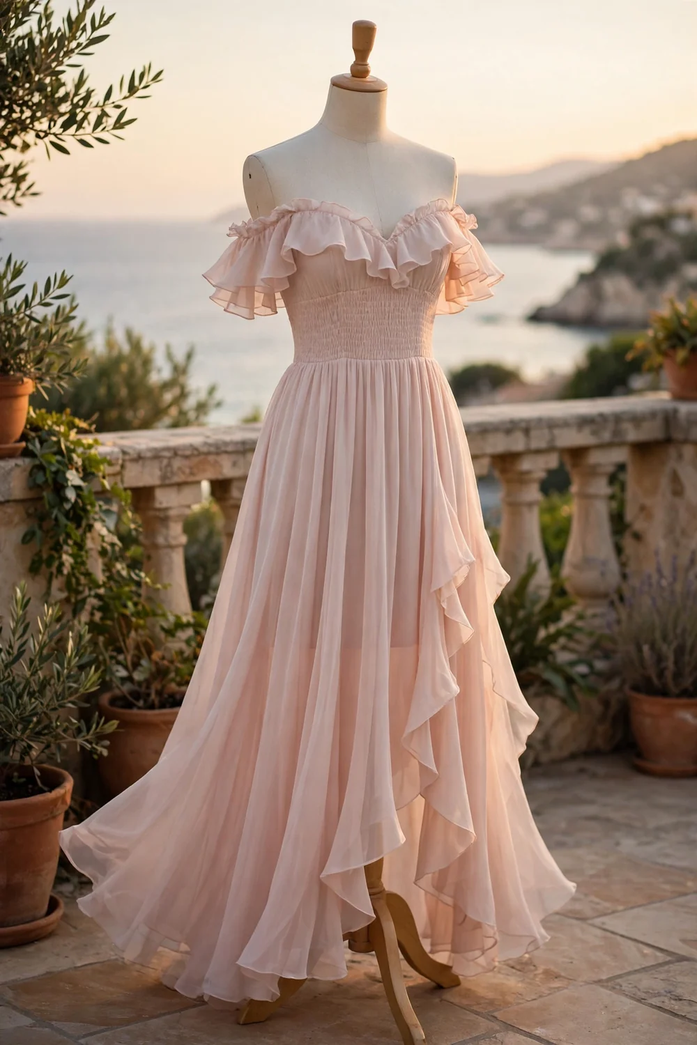 An off-the-shoulder summer dress in a seaside setting