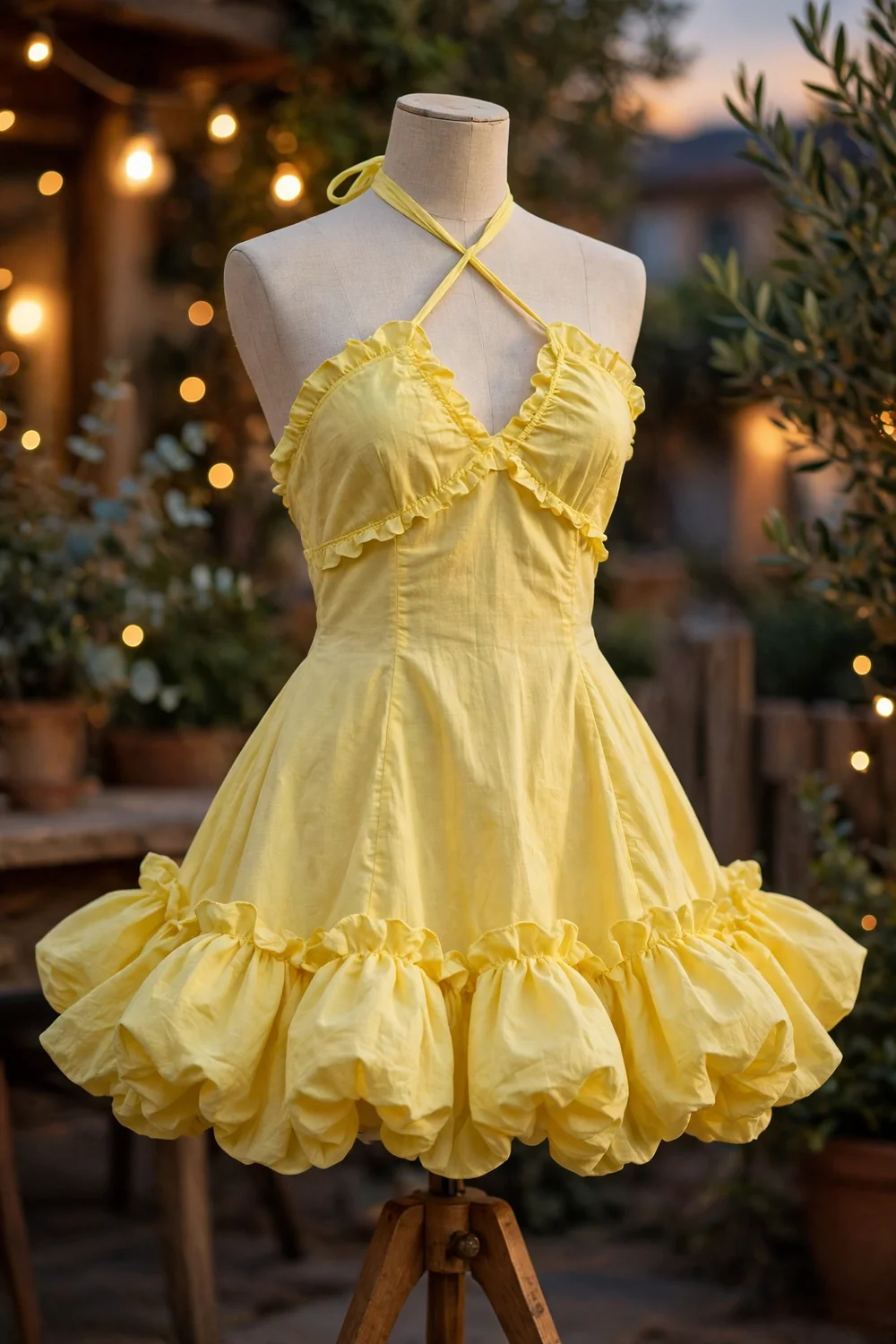 A halter dress with a playful ruffled bubble hem