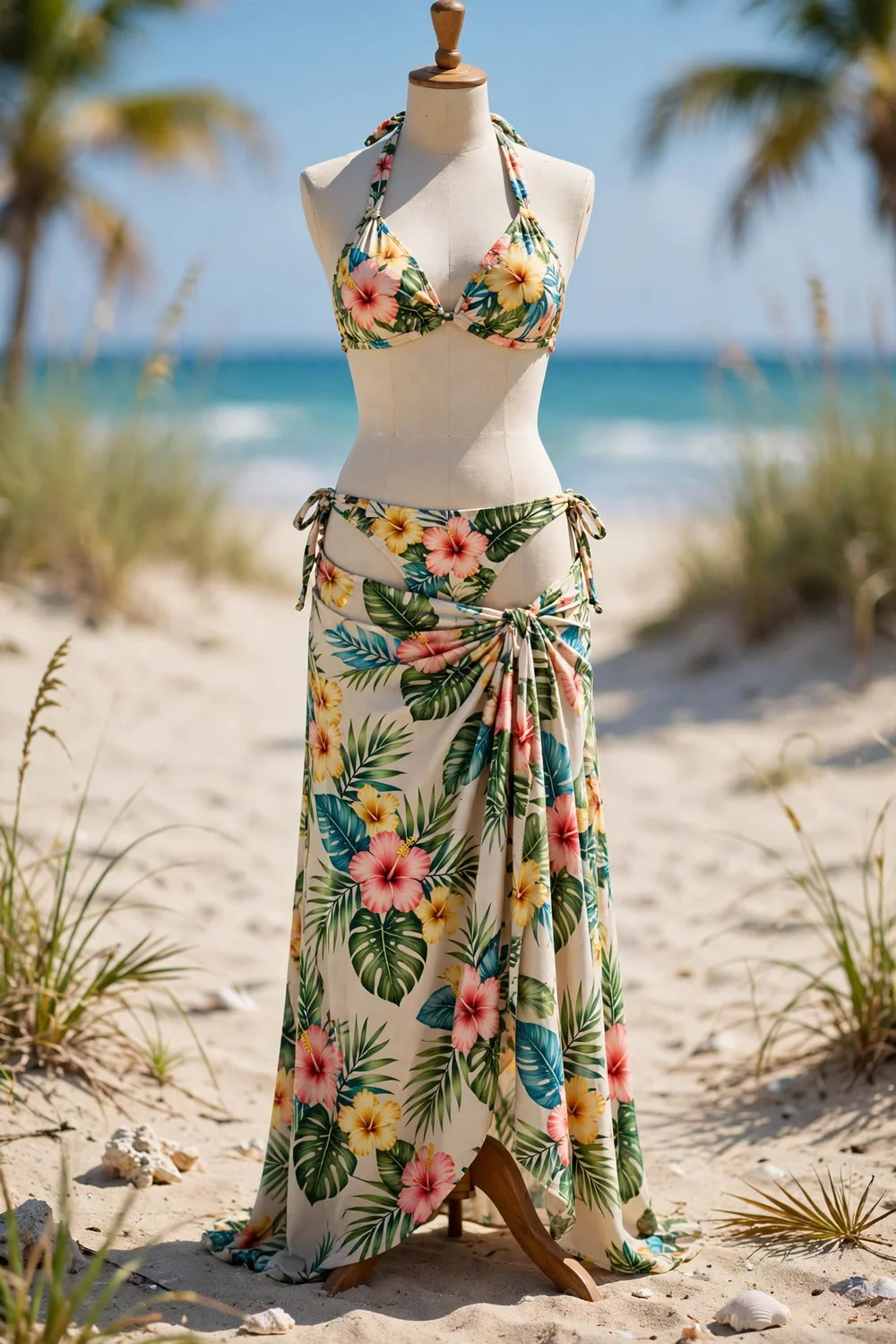 A three-piece bikini set with a matching maxi skirt cover-up on the beach