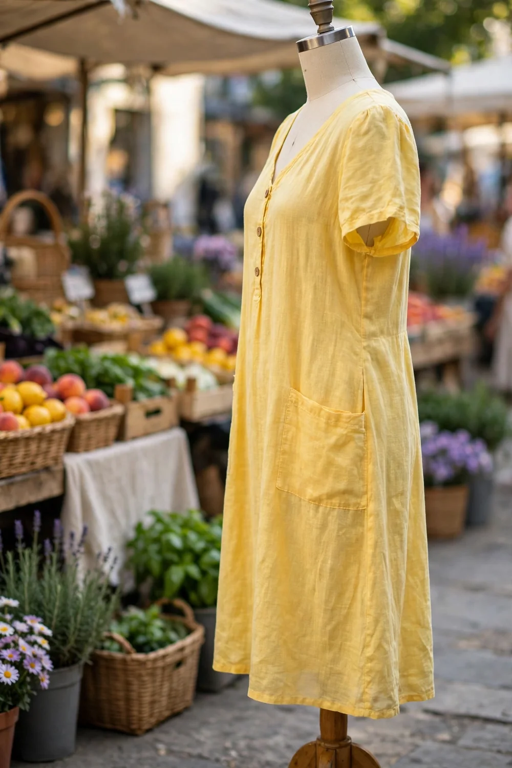An easy everyday summer dress with pockets, worn on a market morning