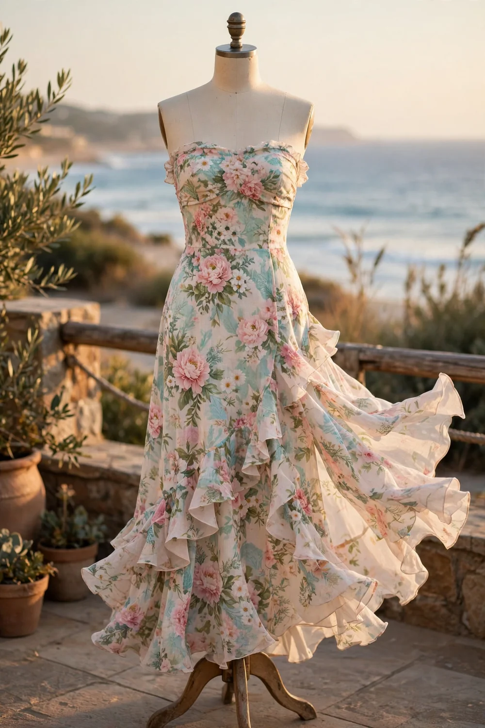 A floral ruffle bandeau maxi dress catching the sea breeze