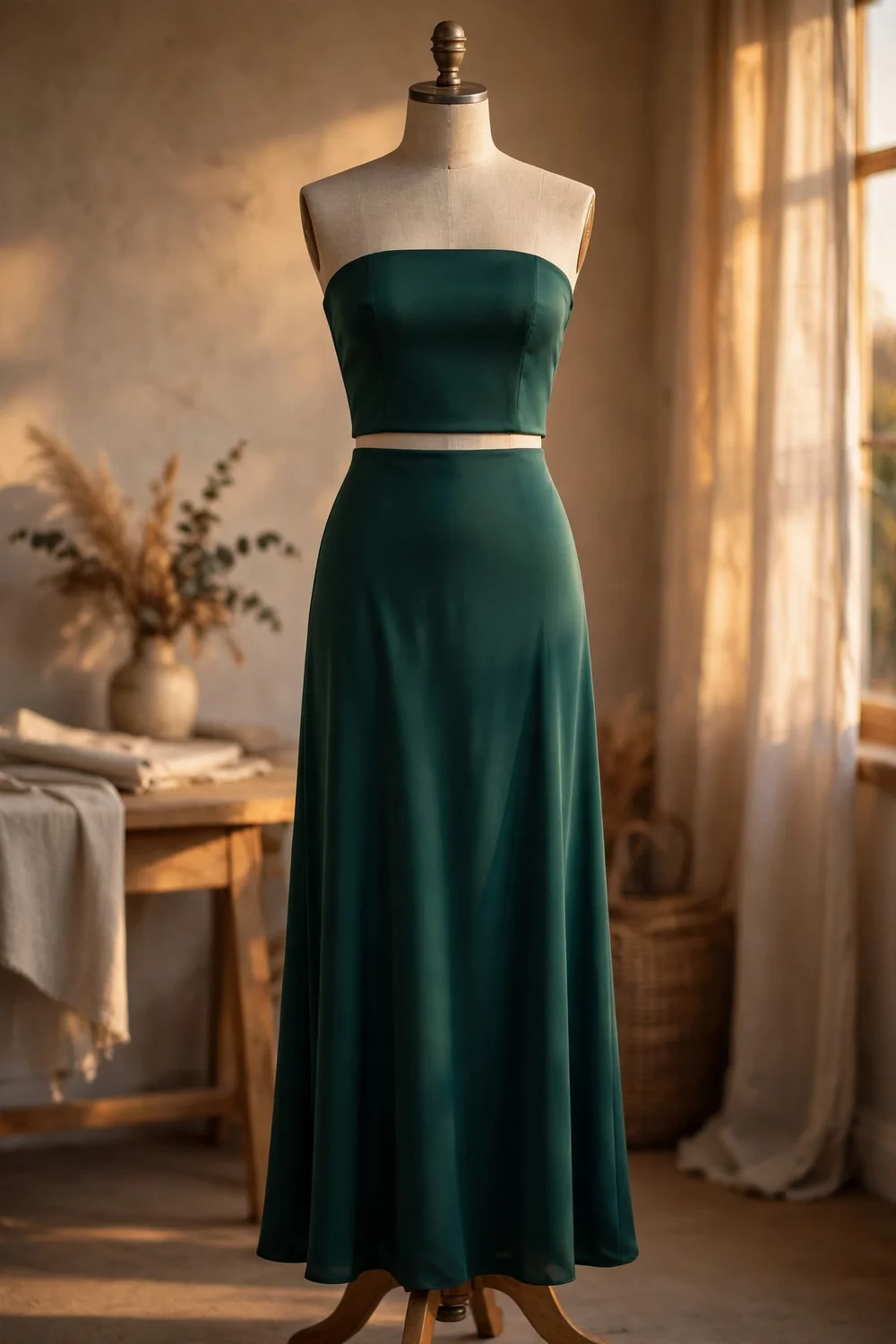 A two-piece bodycon set with a tube top and matching maxi skirt