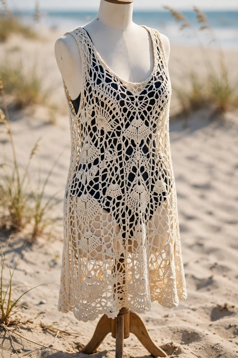 A crochet knit cover-up dress worn over a swimsuit at the beach