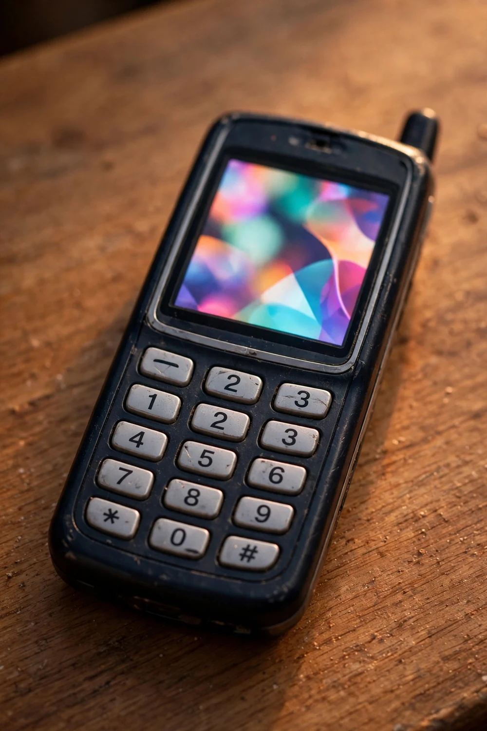 A retro mobile phone with a colourful glowing screen