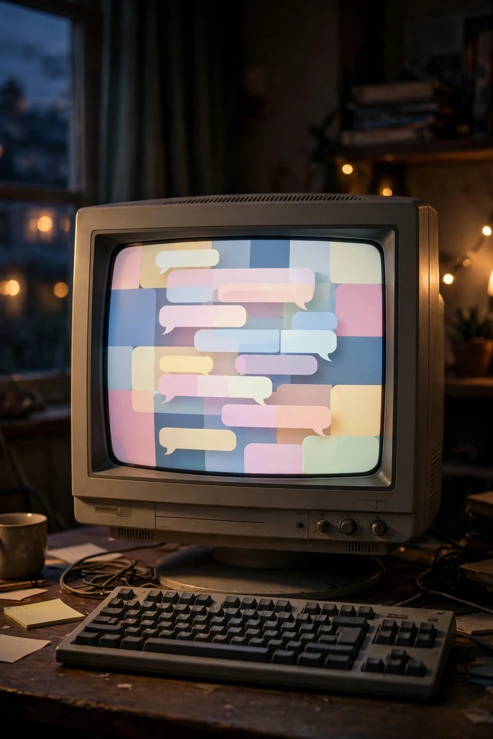 An old CRT monitor glowing with a chat window