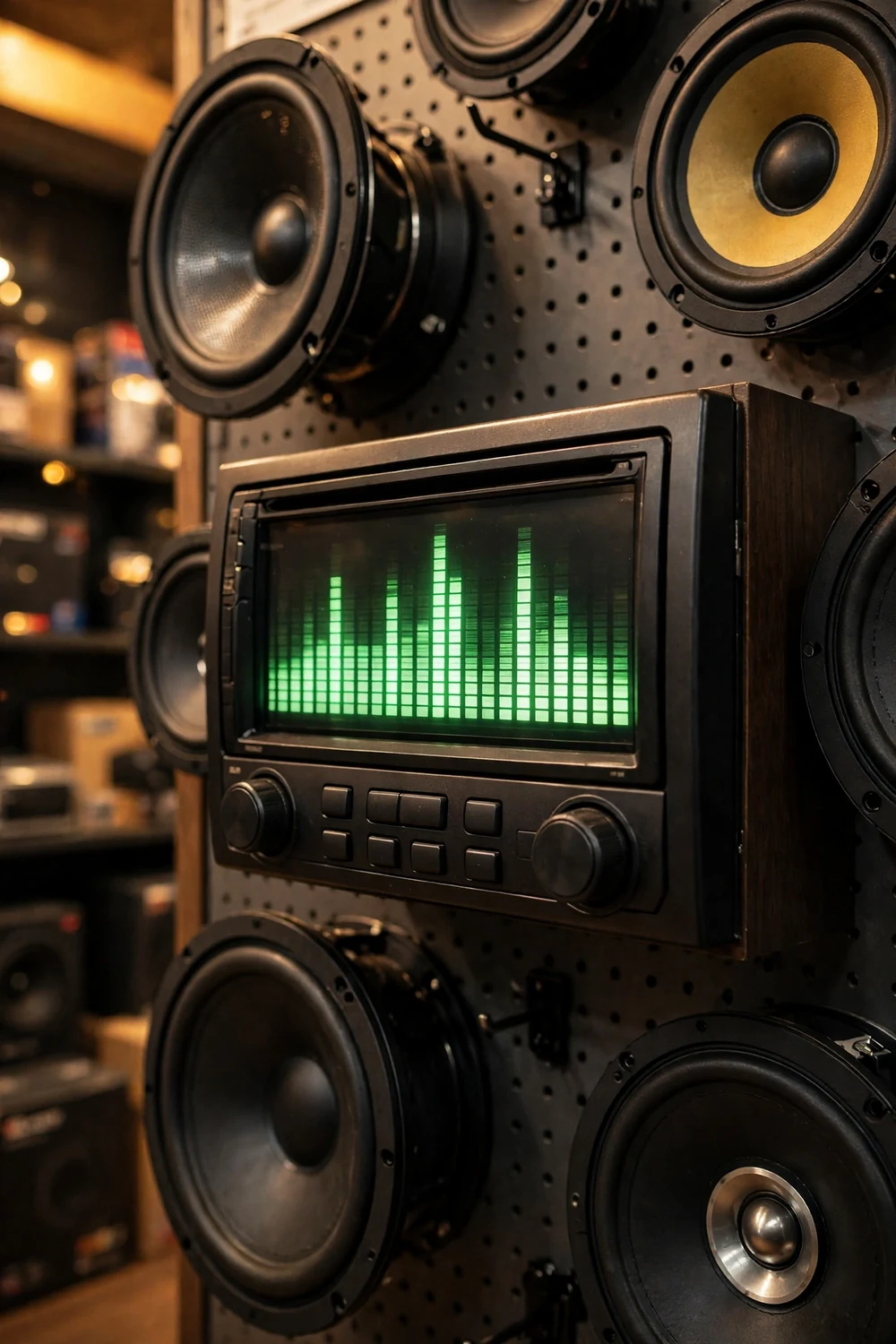 A 2000s car stereo head unit with speakers on display