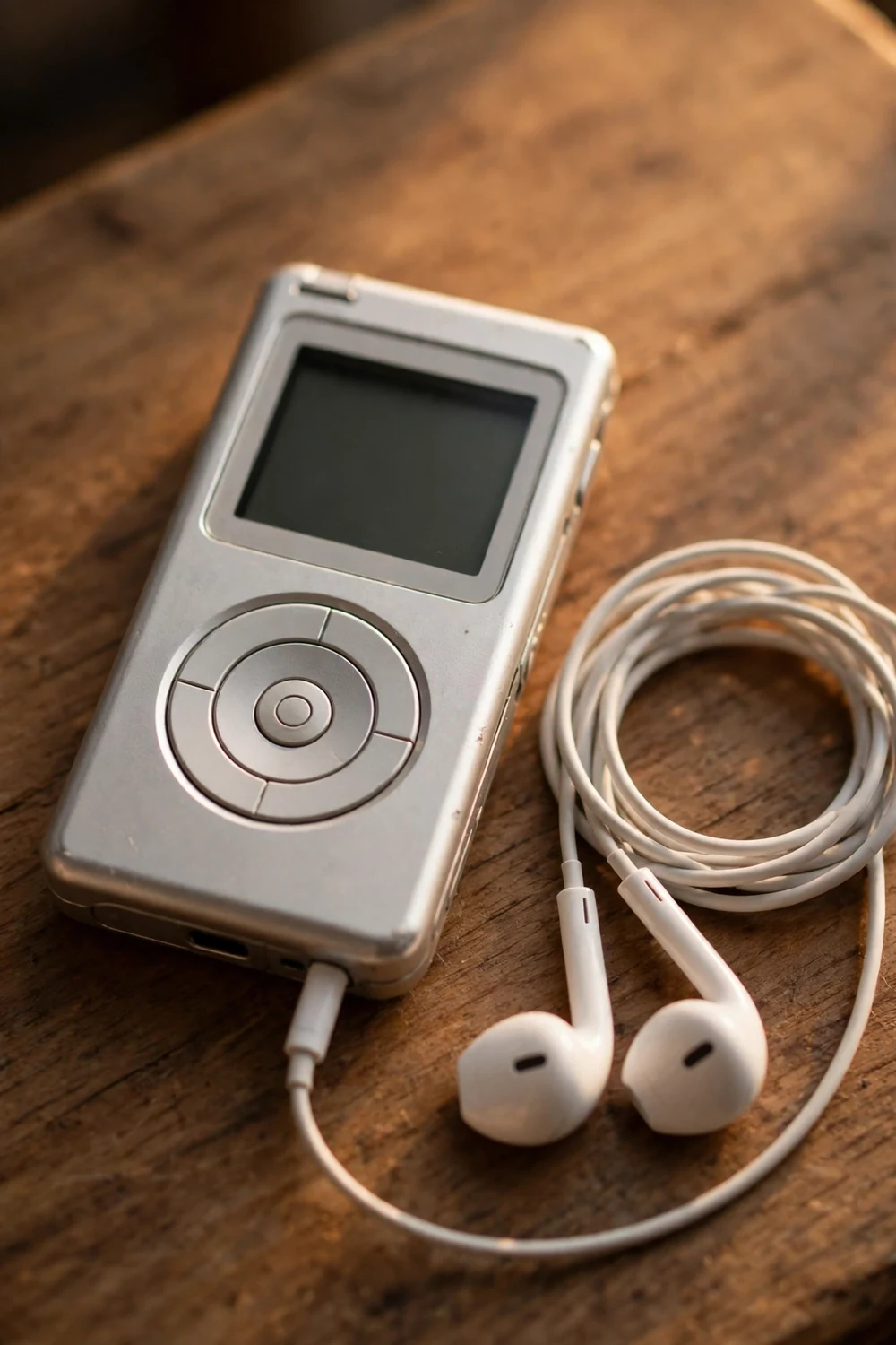A retro portable music player with wired earbuds