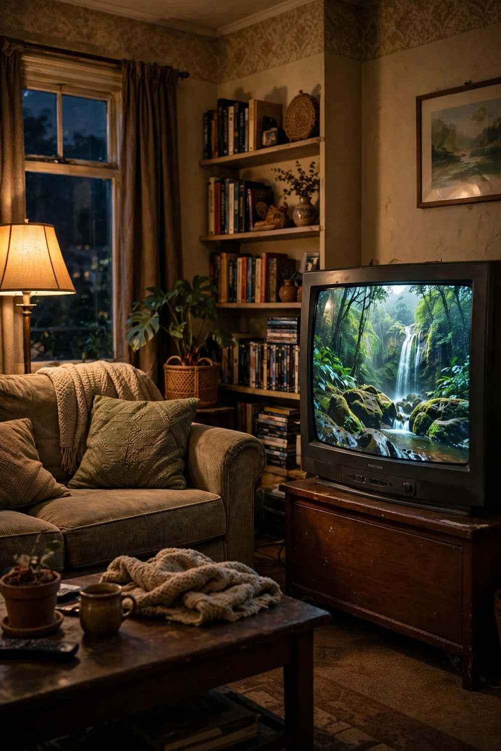 A living room television showing a nature scene