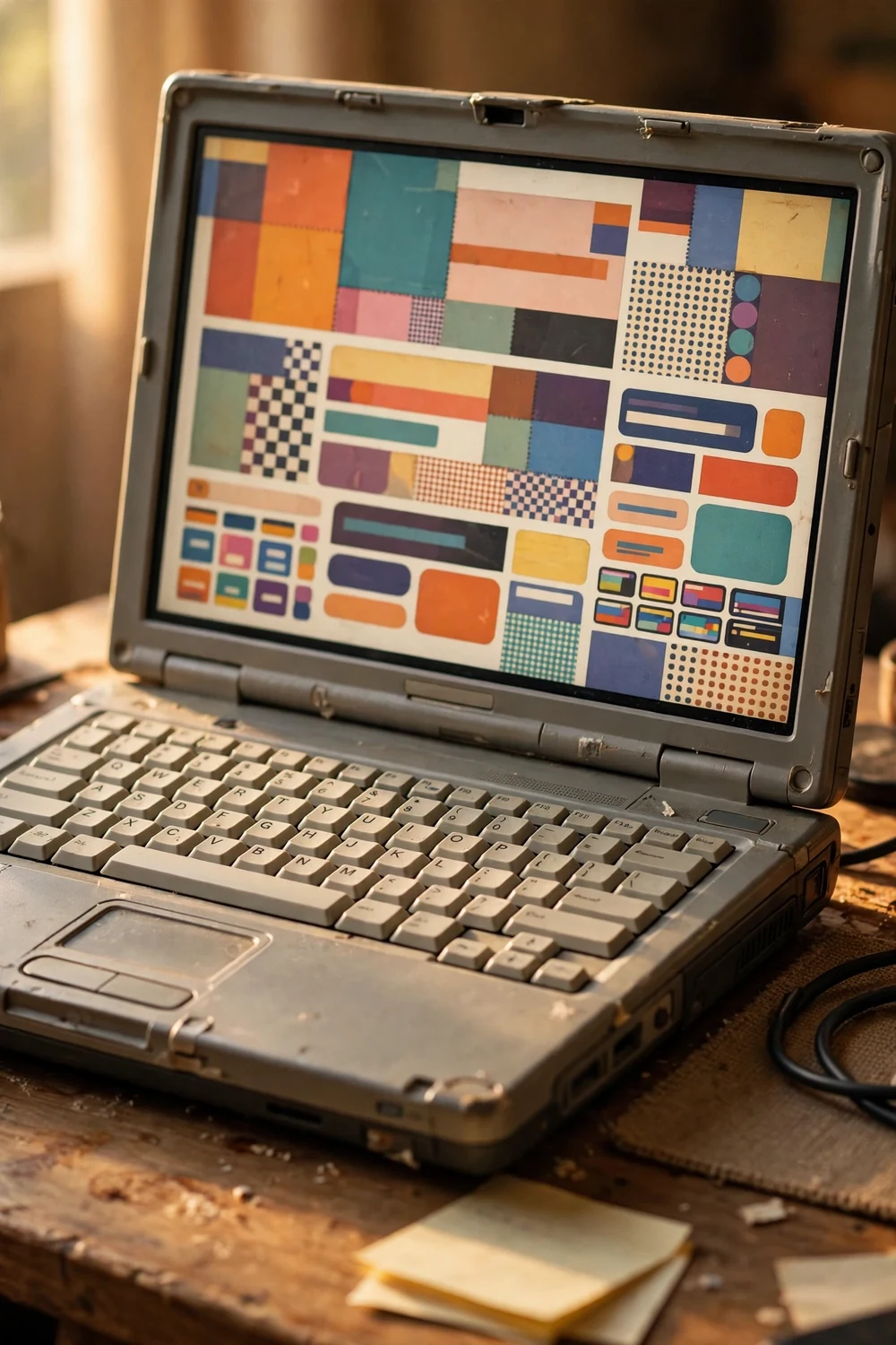 An old laptop showing a colourful retro website