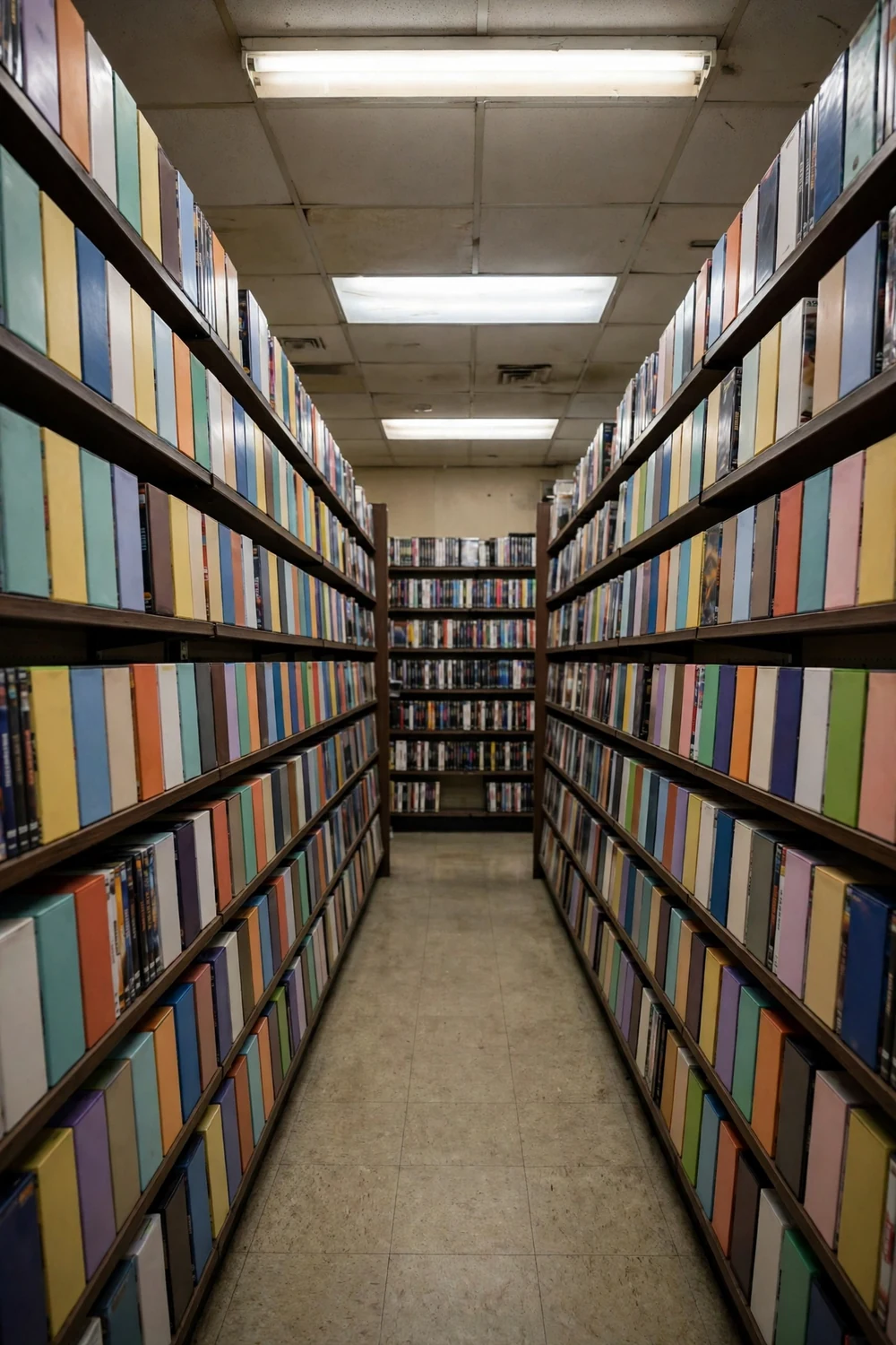 Shelves of DVDs inside a video rental store