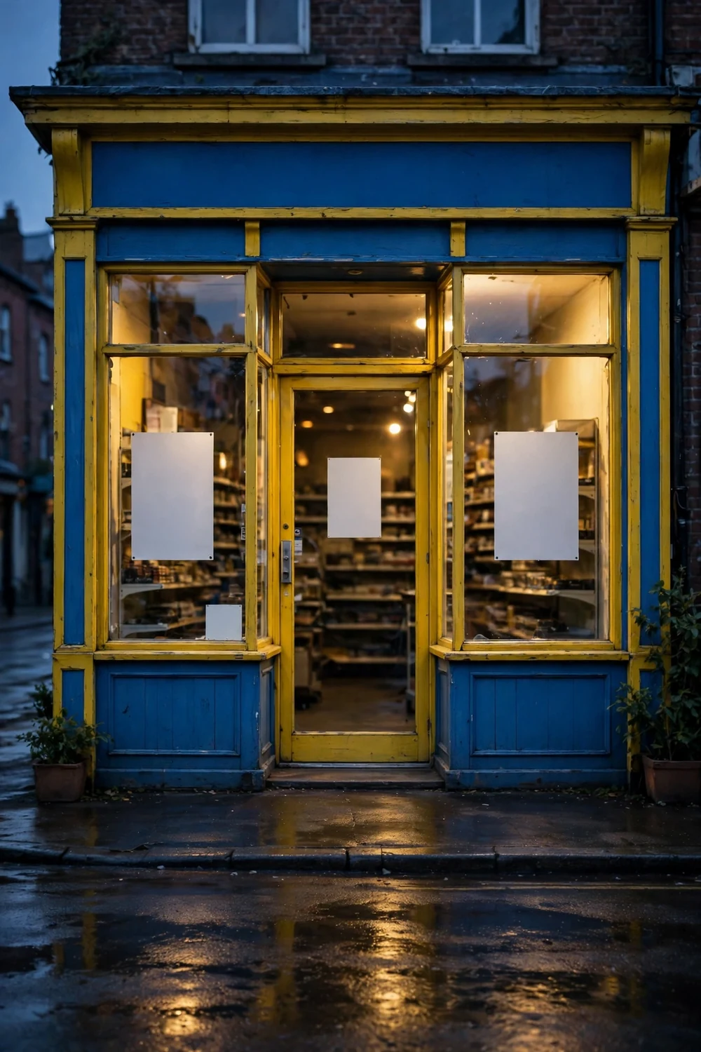 A video rental storefront at dusk in blue and yellow