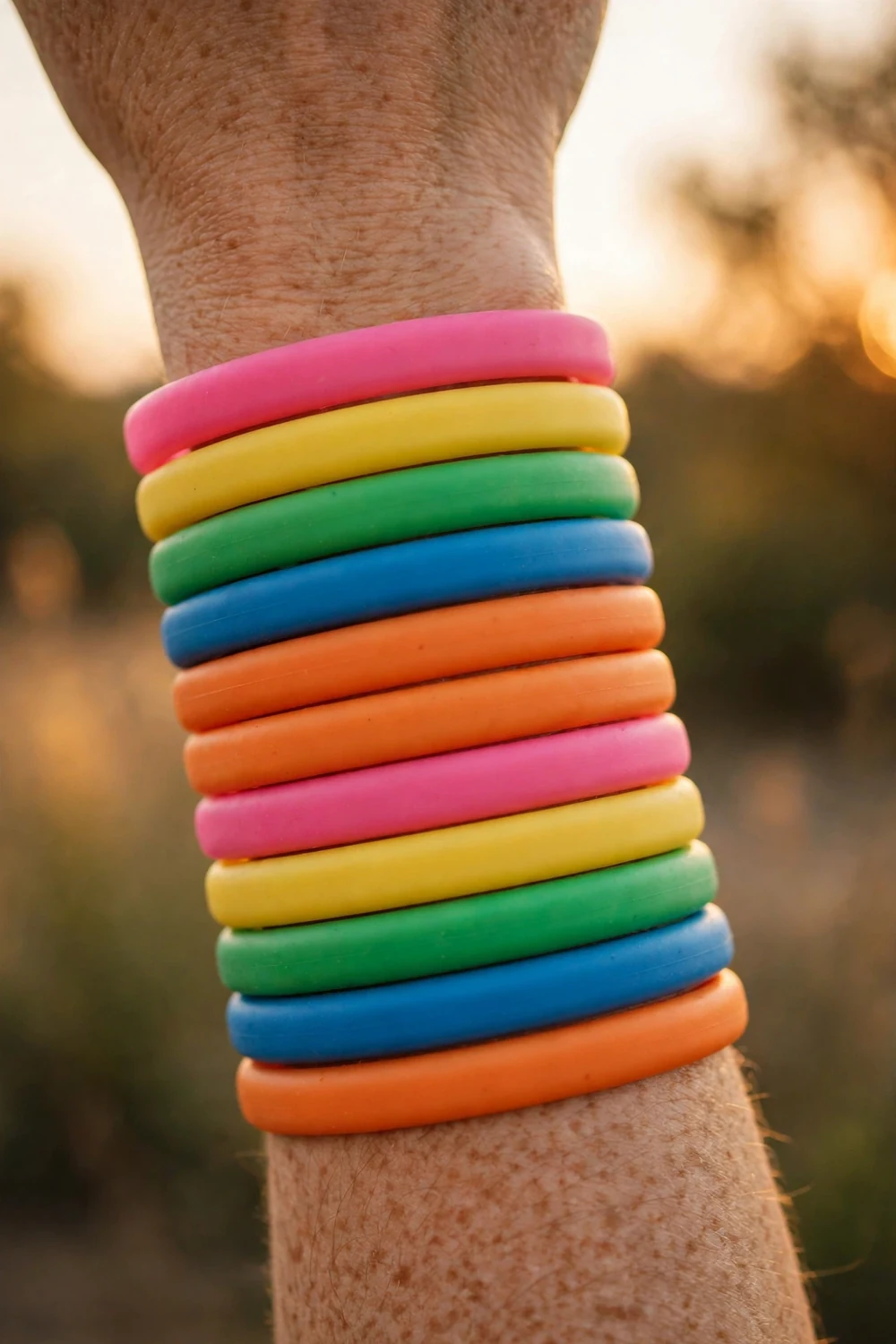 A wrist wearing several colourful silicone wristbands