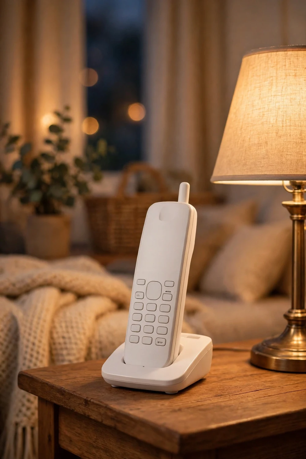 A cordless landline phone resting on its charging base