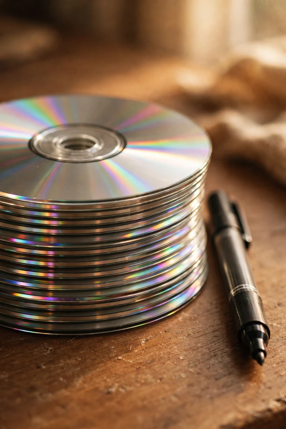 A stack of blank CD-R discs with a marker pen