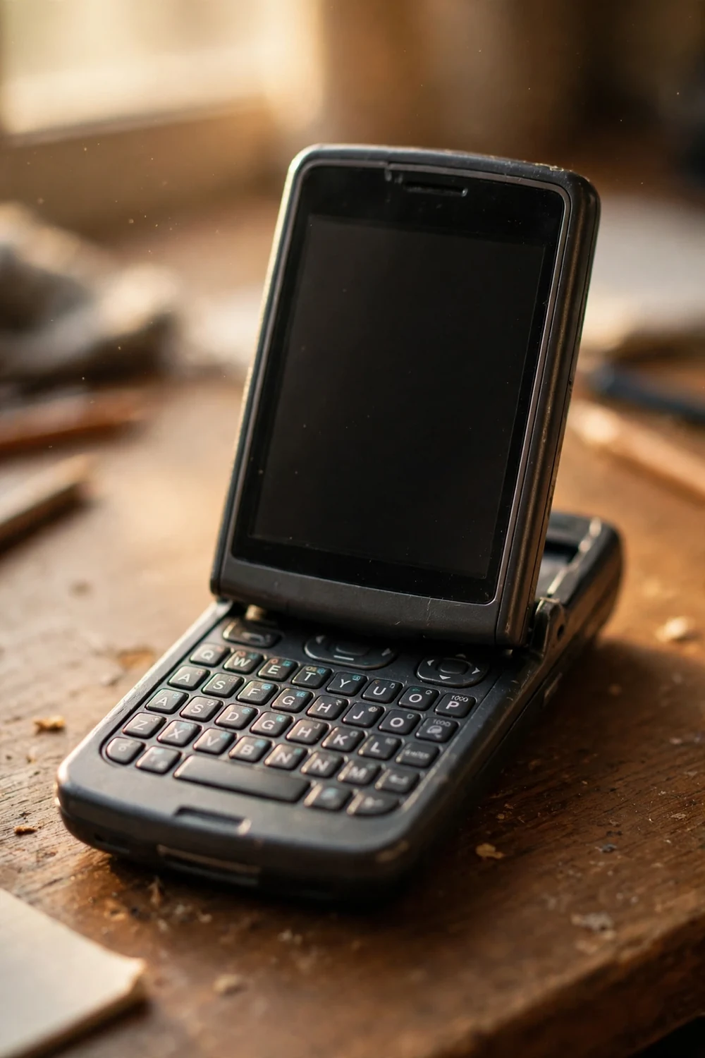 A slide-out keyboard phone on a desk